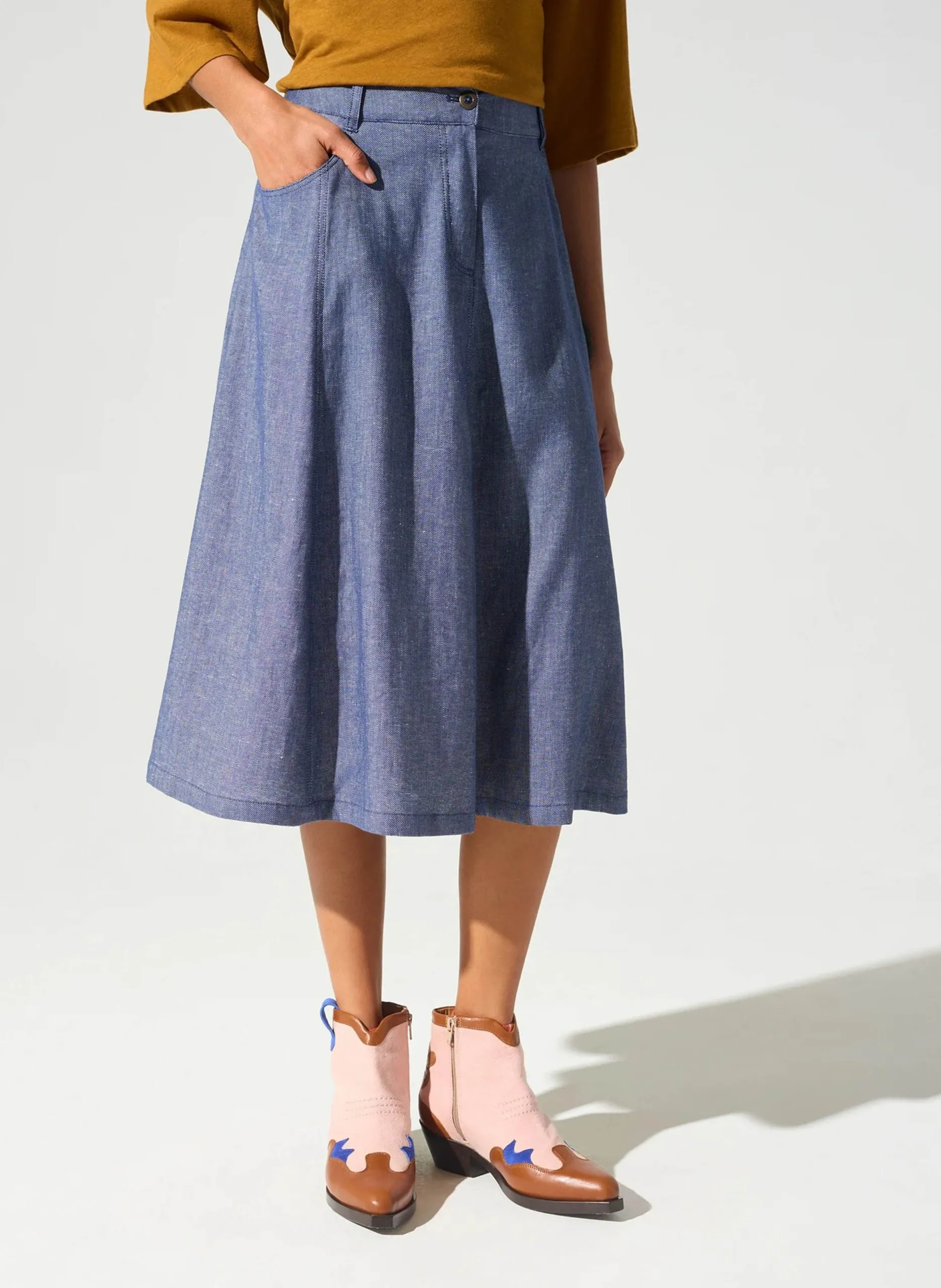 Jupe midi évasée aspect denim Bleu