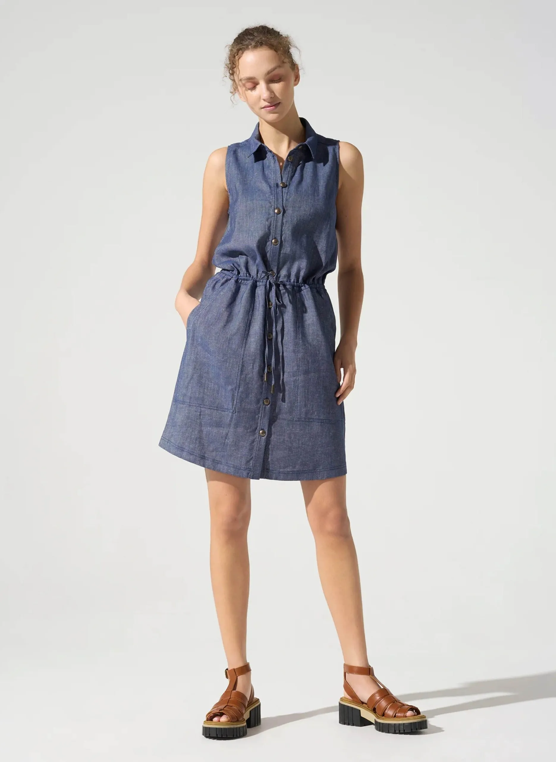 Robe droite courte en coton et lin Bleu