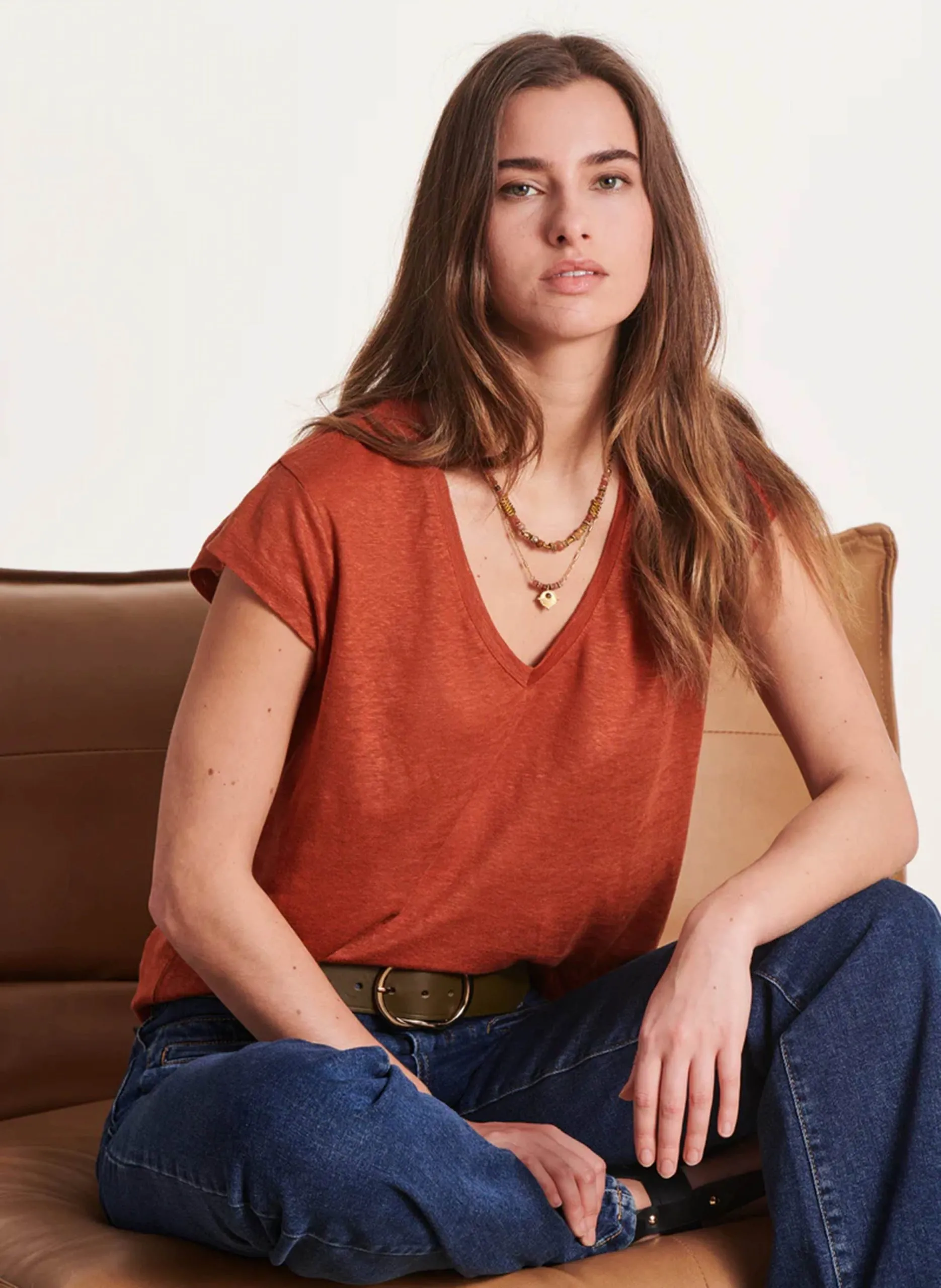 Tee-shirt col V en lin Orange