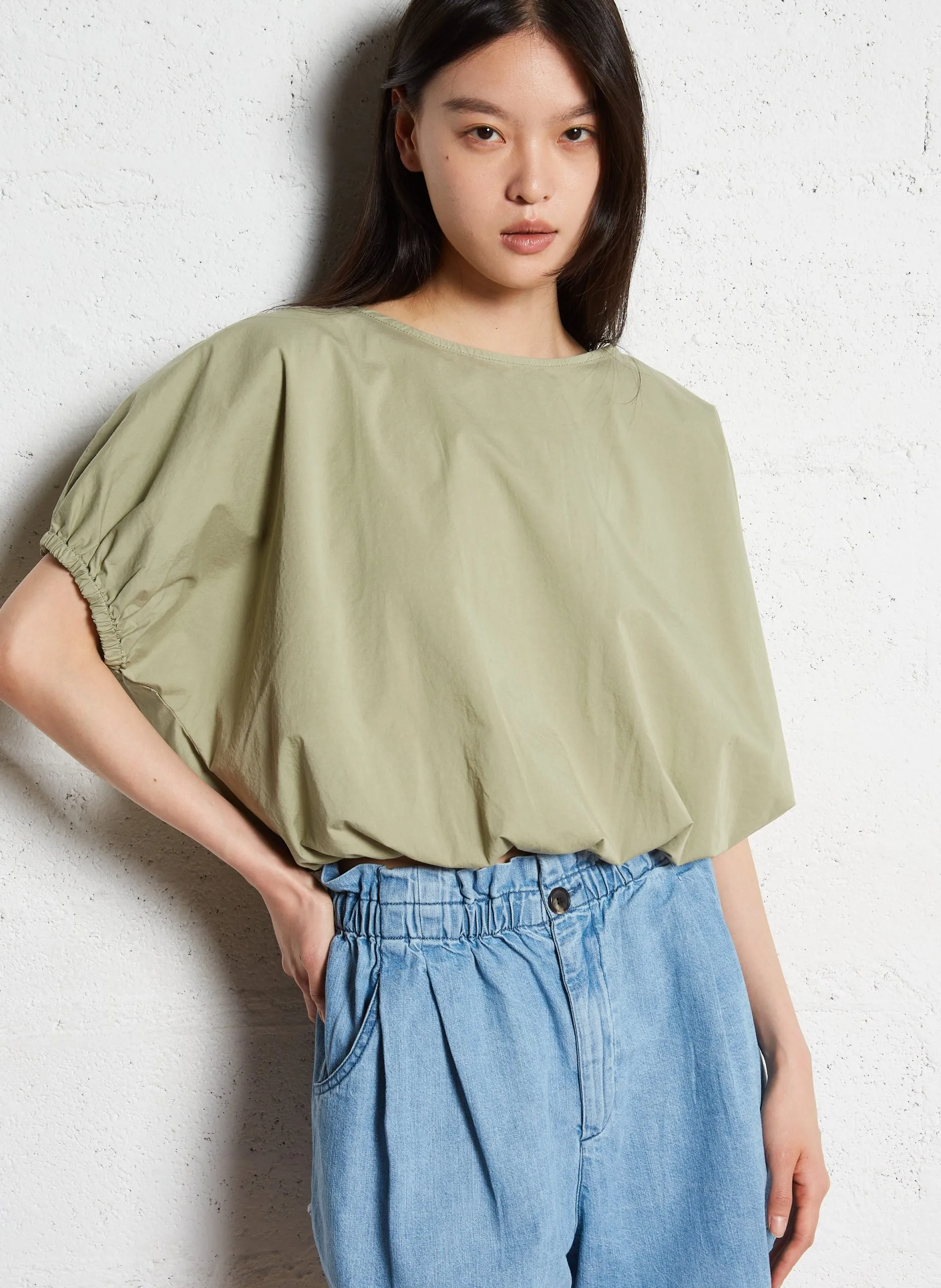 Top ample col rond en coton mélangé Beige WILMA