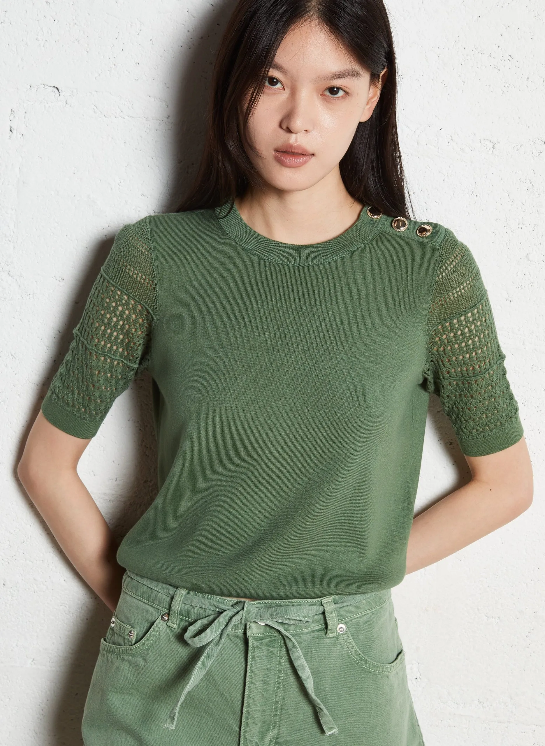 Pull droit en coton mélangé Vert SHIRLEY