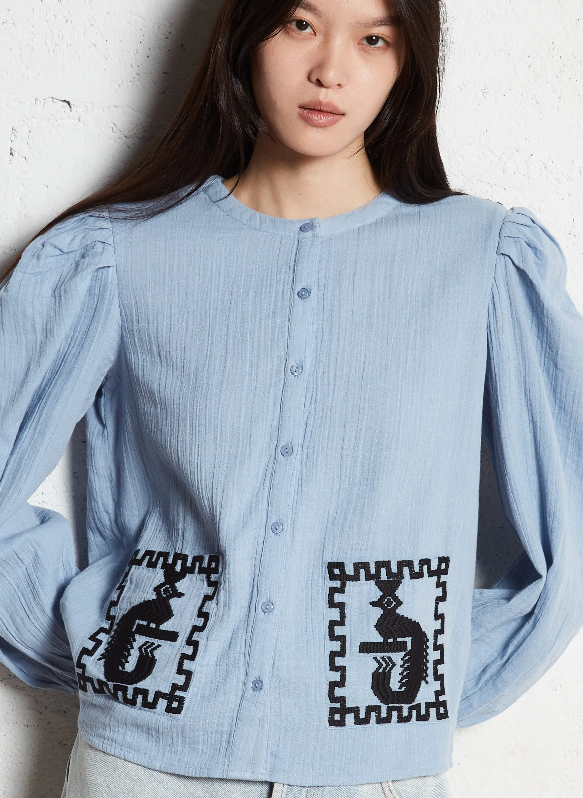 Chemise col rond en coton Bleu CALISTA