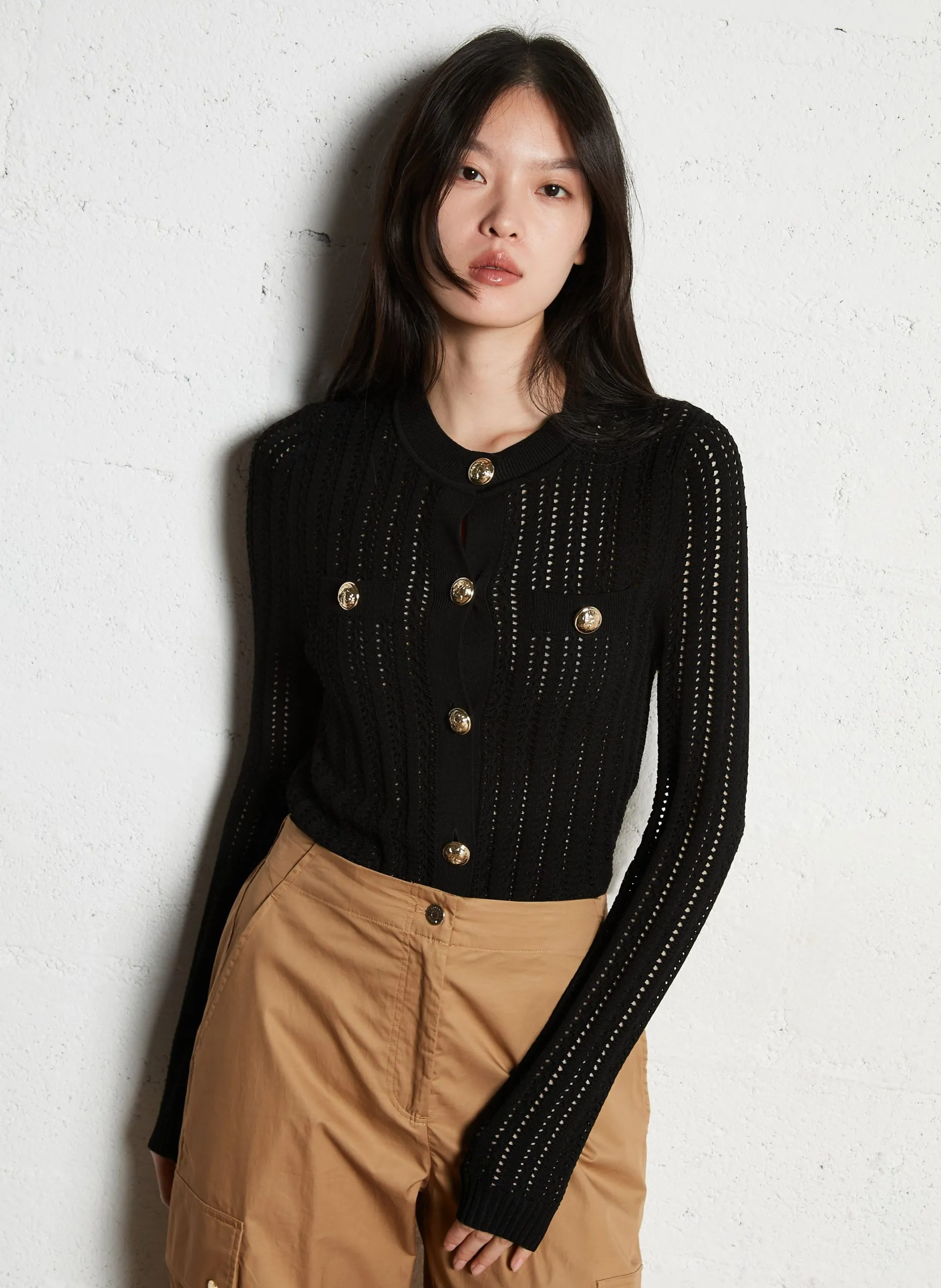 Cardigan boutonné en maille fantaisie Noir MGECKO