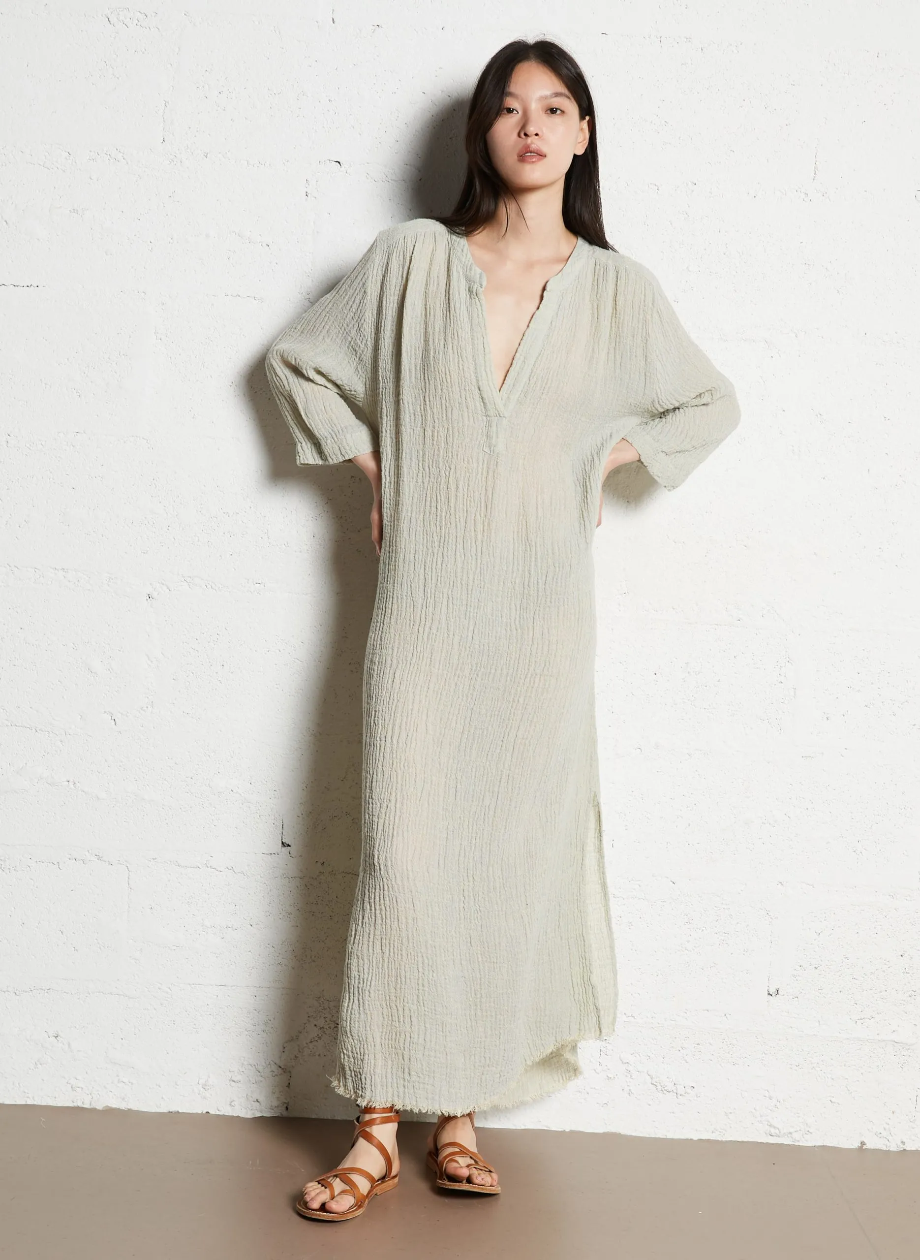 Robe longue col tunisien en lin mélangé Vert TALAIOT