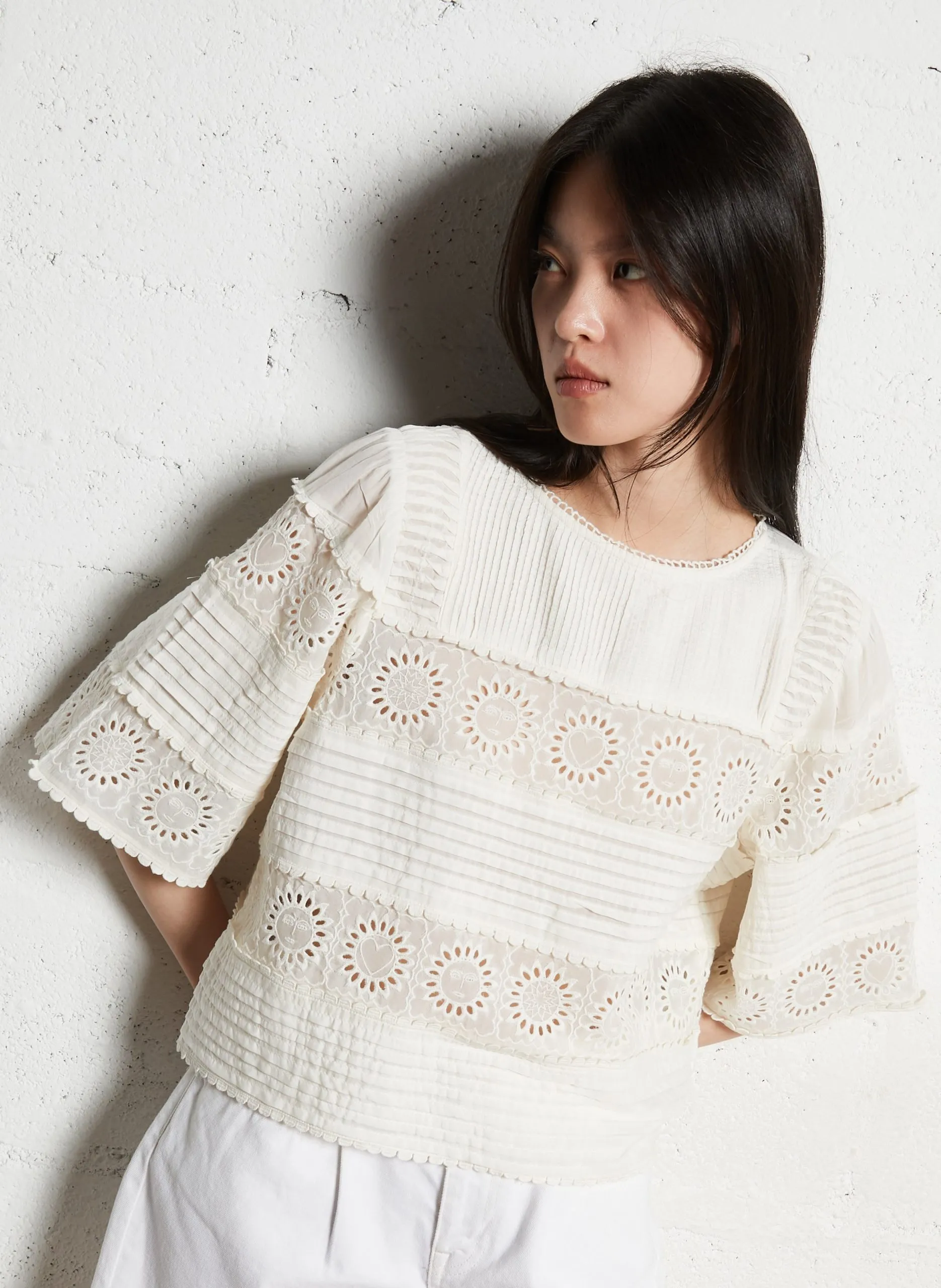 Top ample col rond brodé Blanc SUN