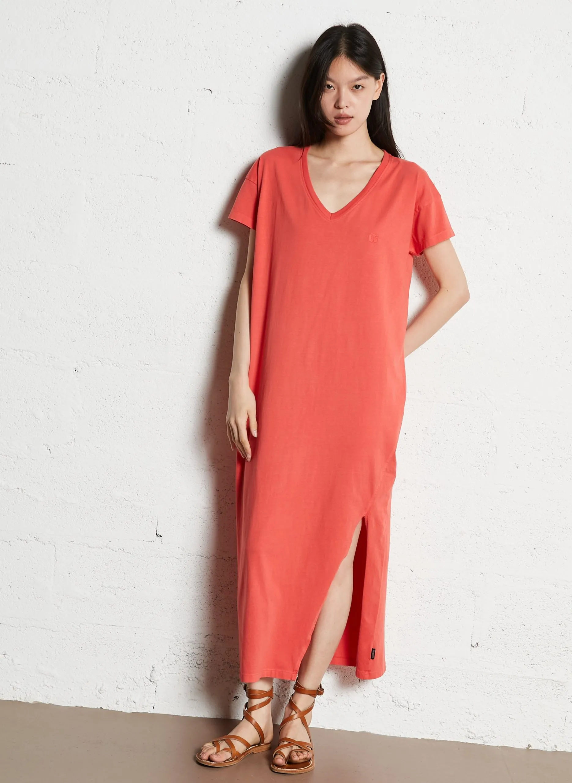 Robe longue col V en coton Rouge ROJO