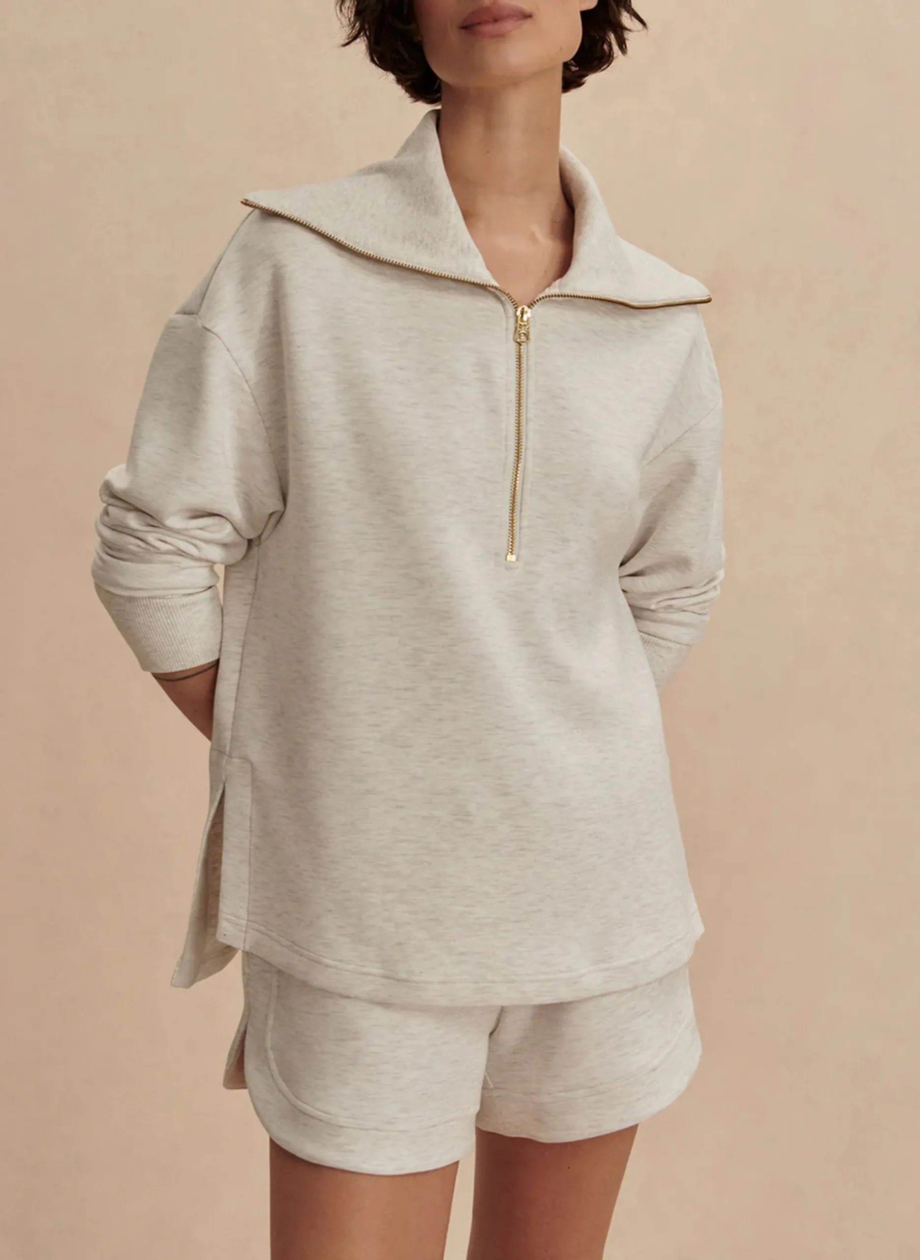 Sweat chiné à col montant zippé Beige LARSON