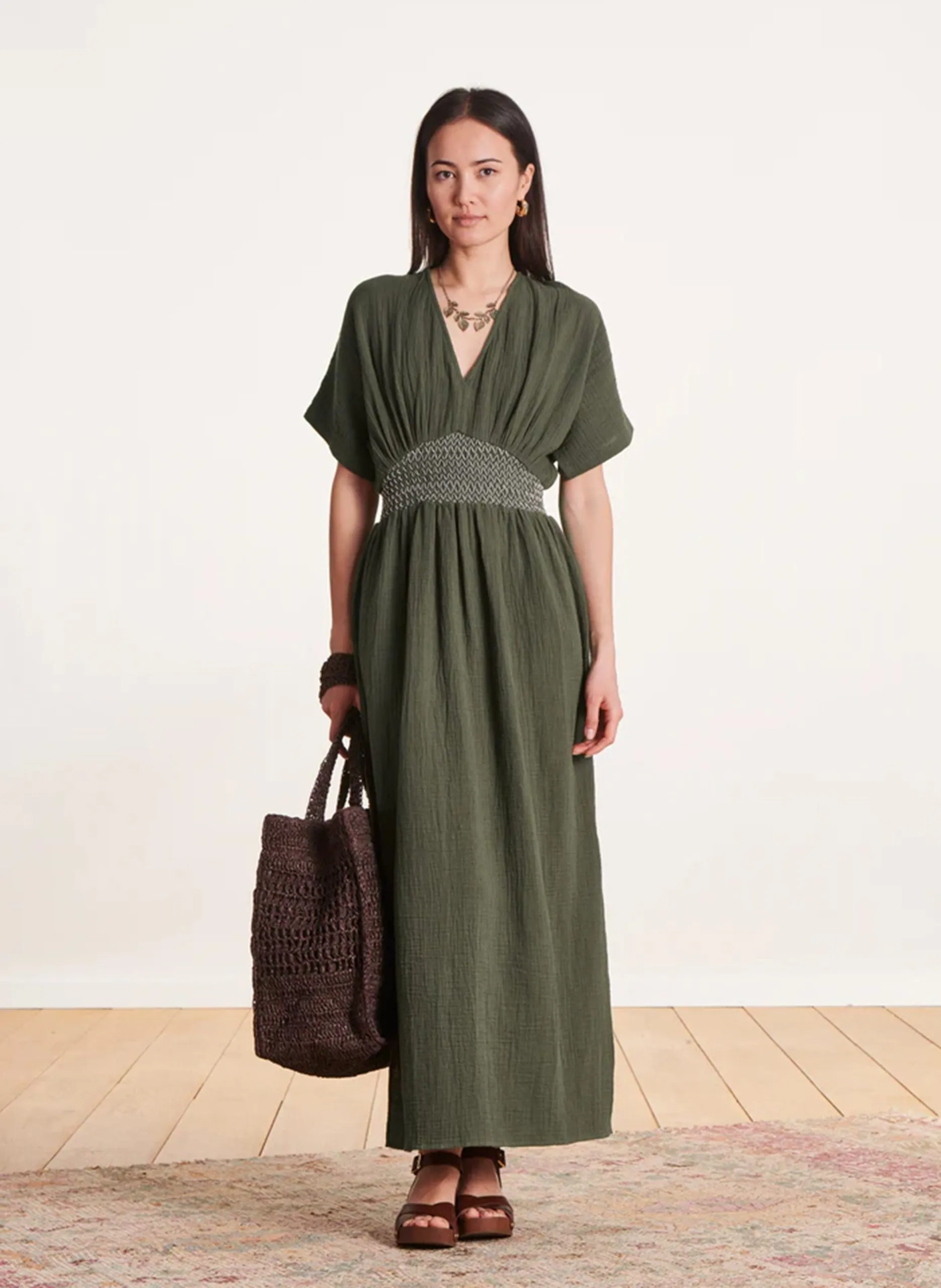 Robe midi col V en coton bio Kaki