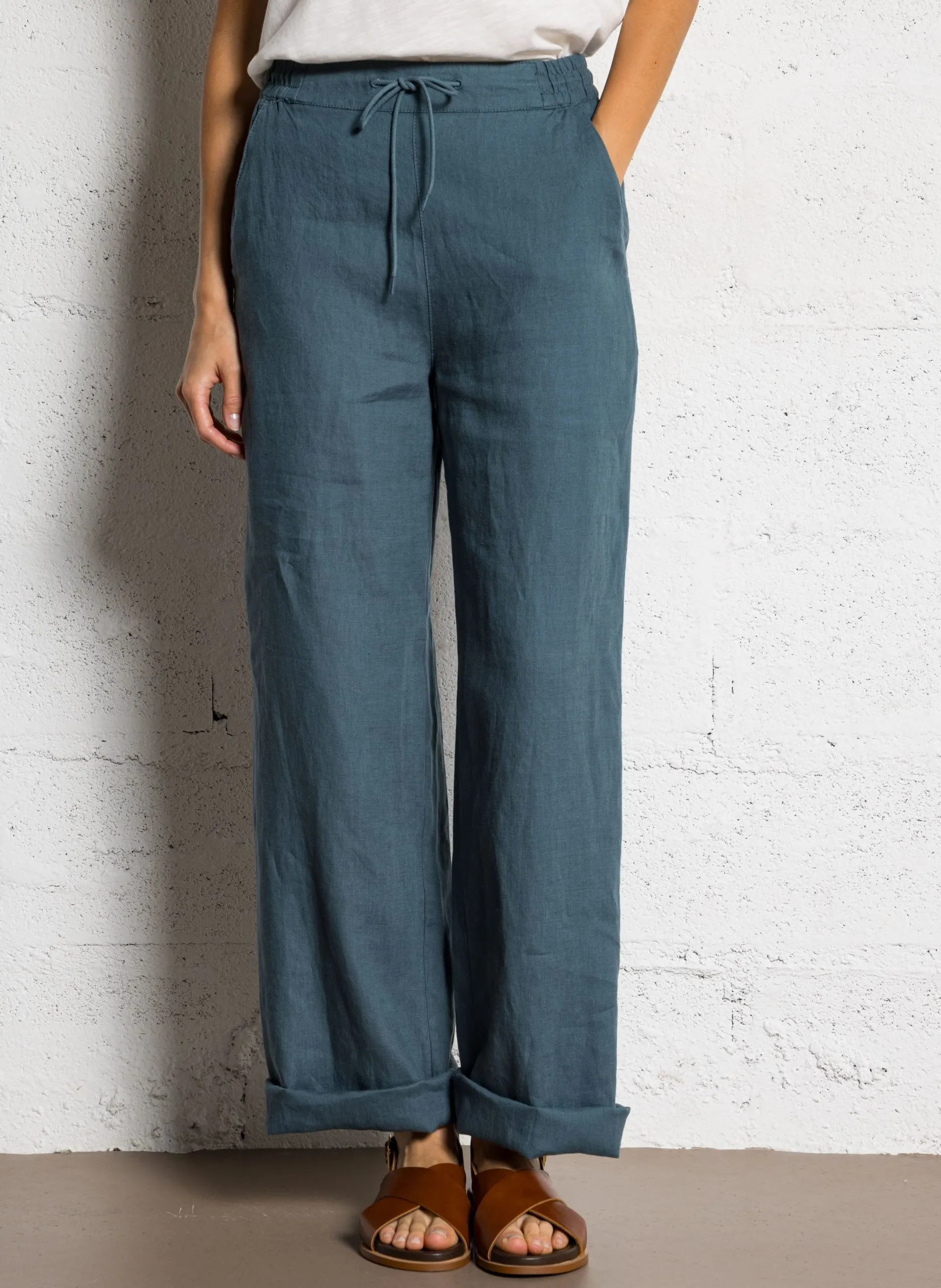 Pantalon large en lin Bleu KYBELE