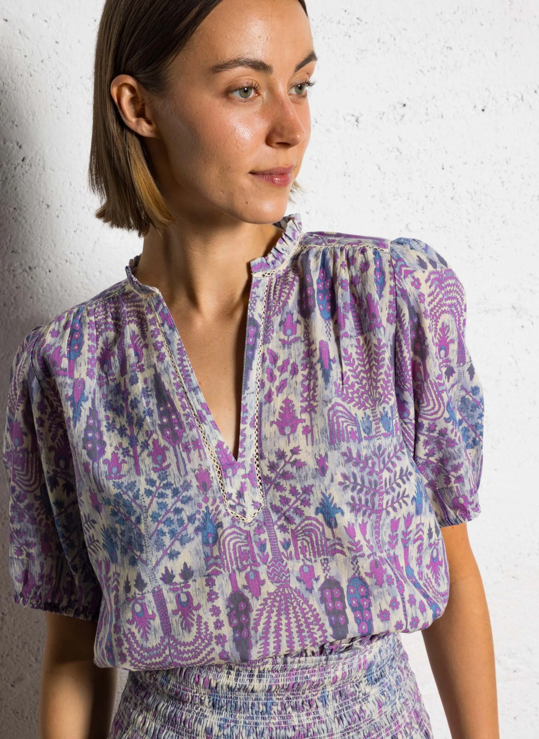 Blouse col V en coton Rose PUEBLO