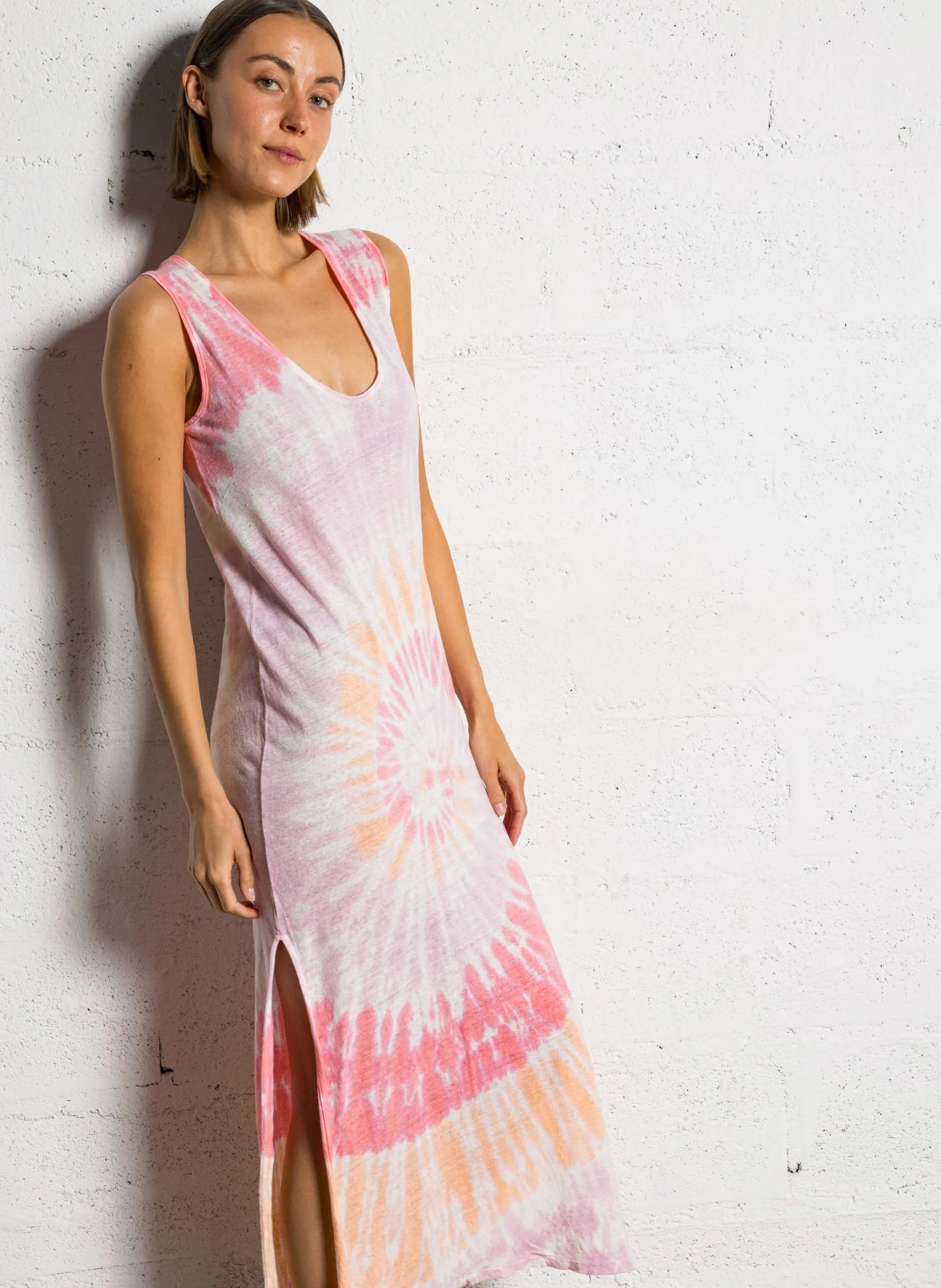Robe longue col rond imprimé tie and dye en lin Rose RAMO SUNNY