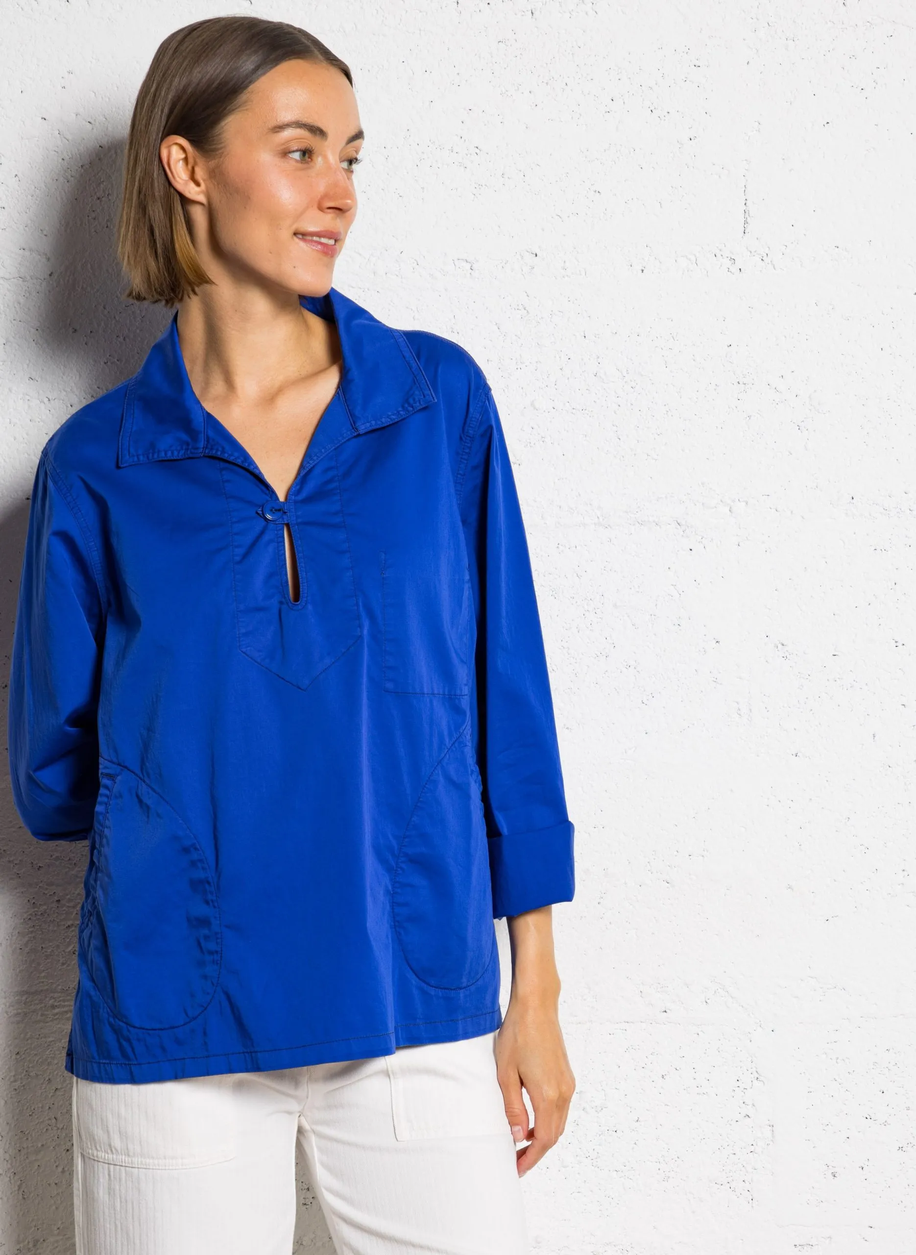 Blouse col v à revers unie Bleu IGNIS