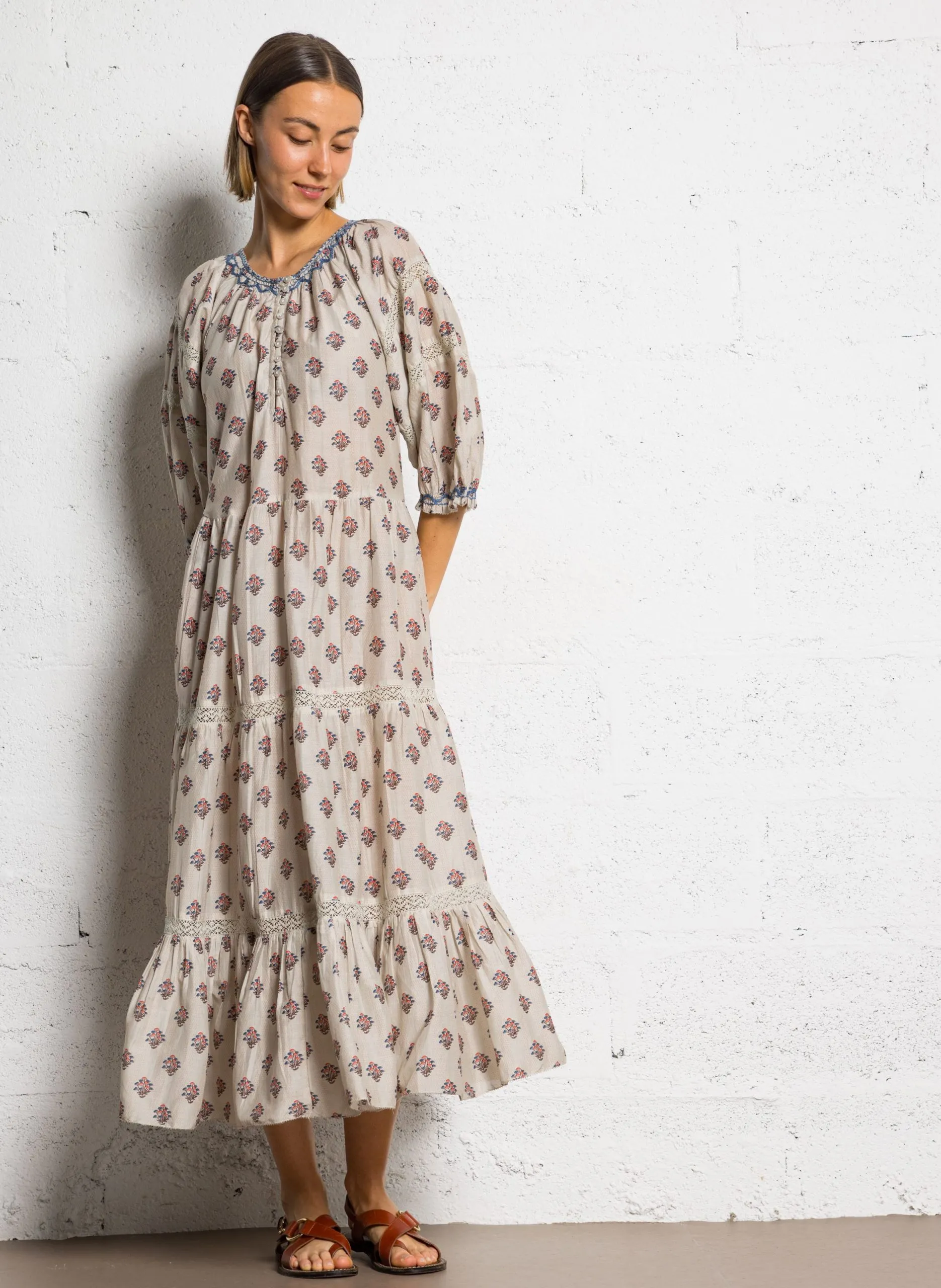 Robe longue col V en coton Beige LINDI