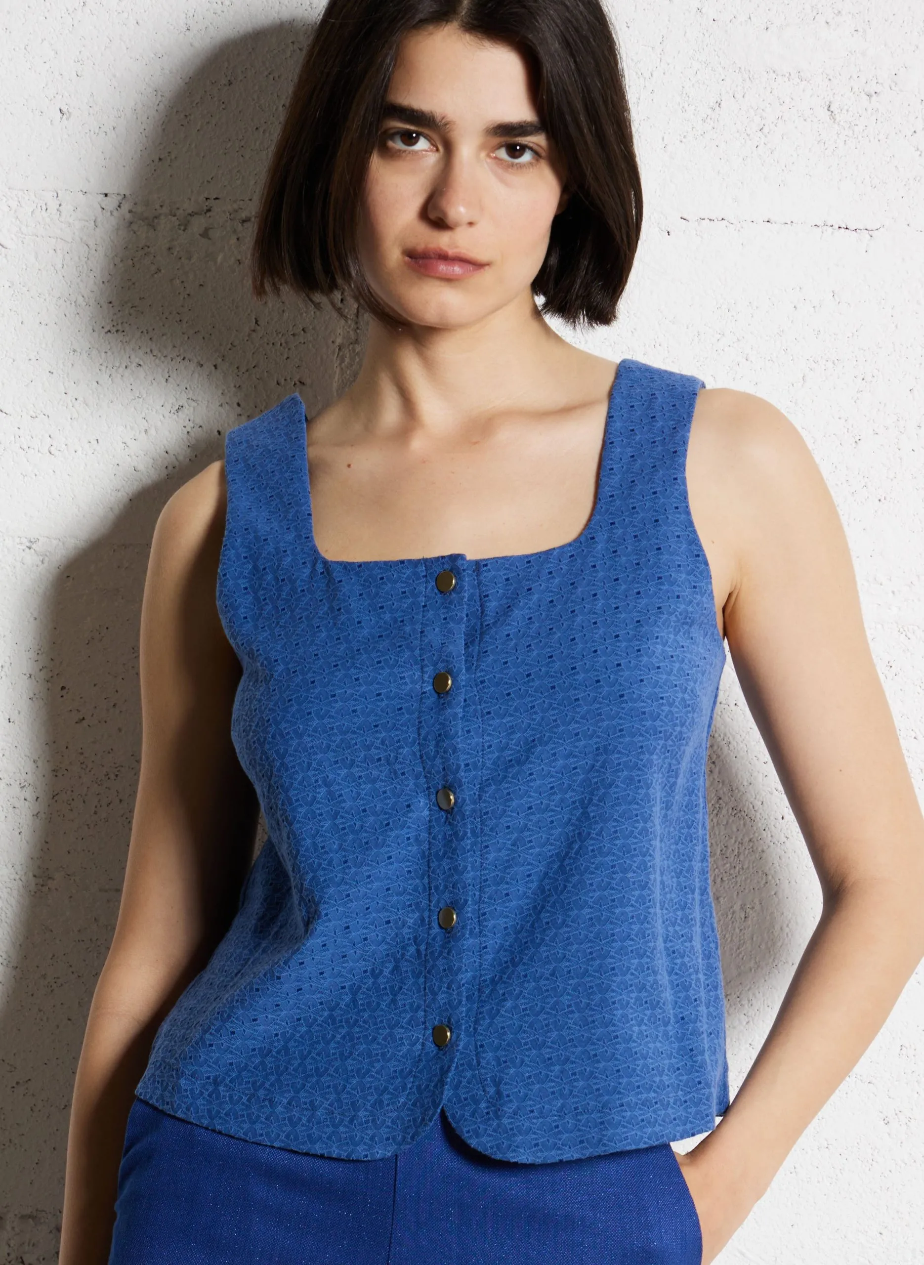 Top droit en coton mélangé Bleu