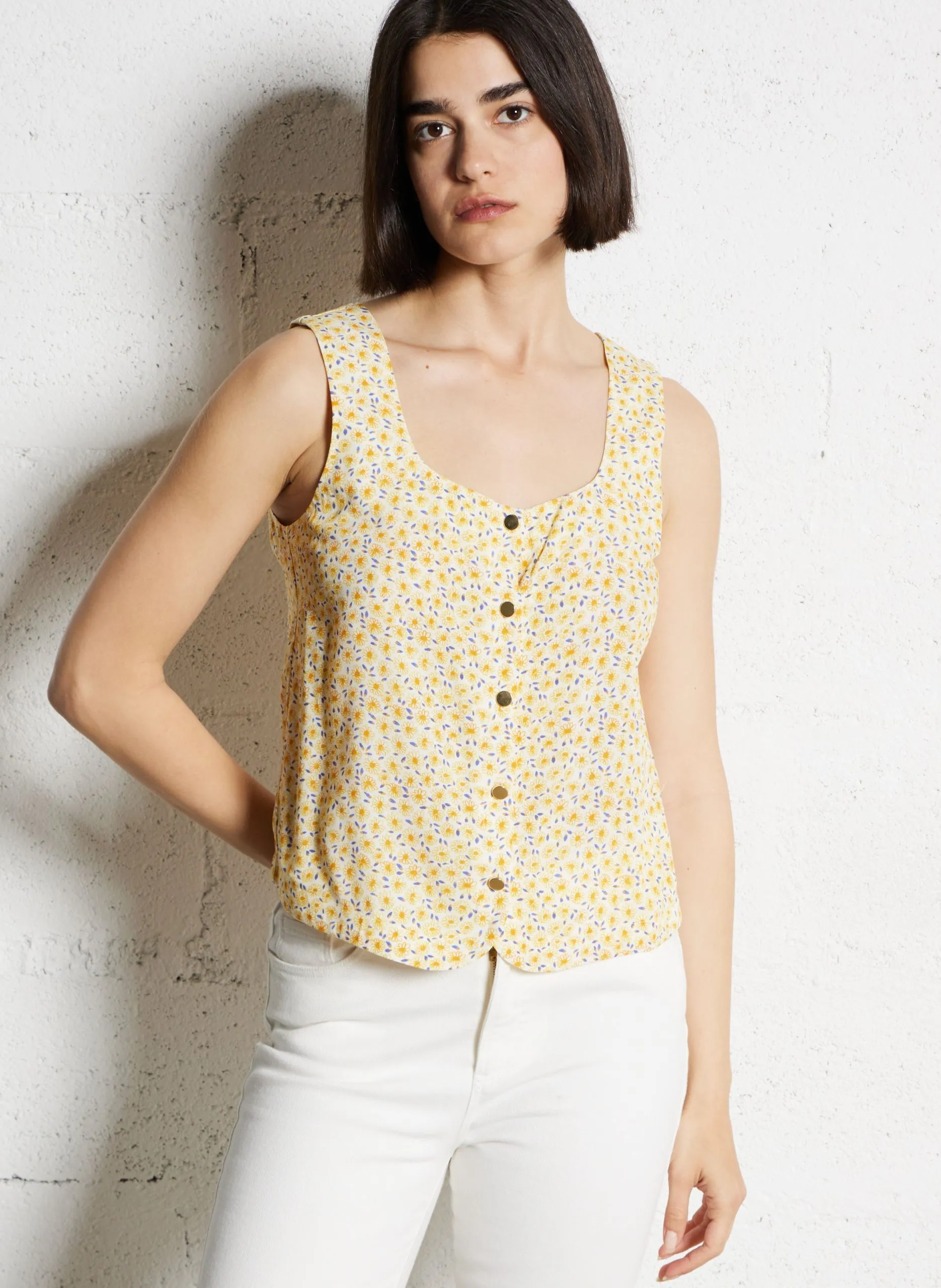 Top droit imprimé Jaune