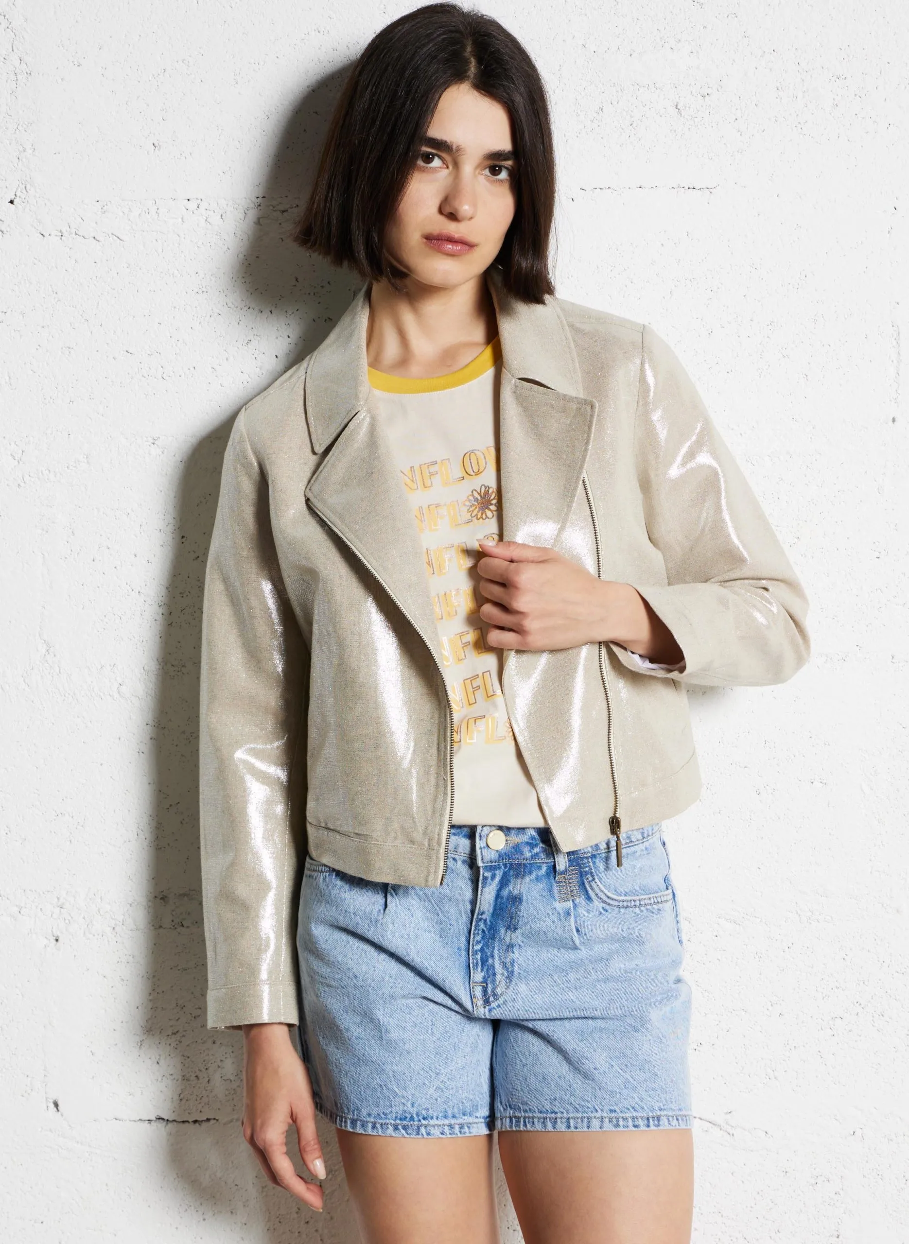 Veste droite en lin mélangé Doré