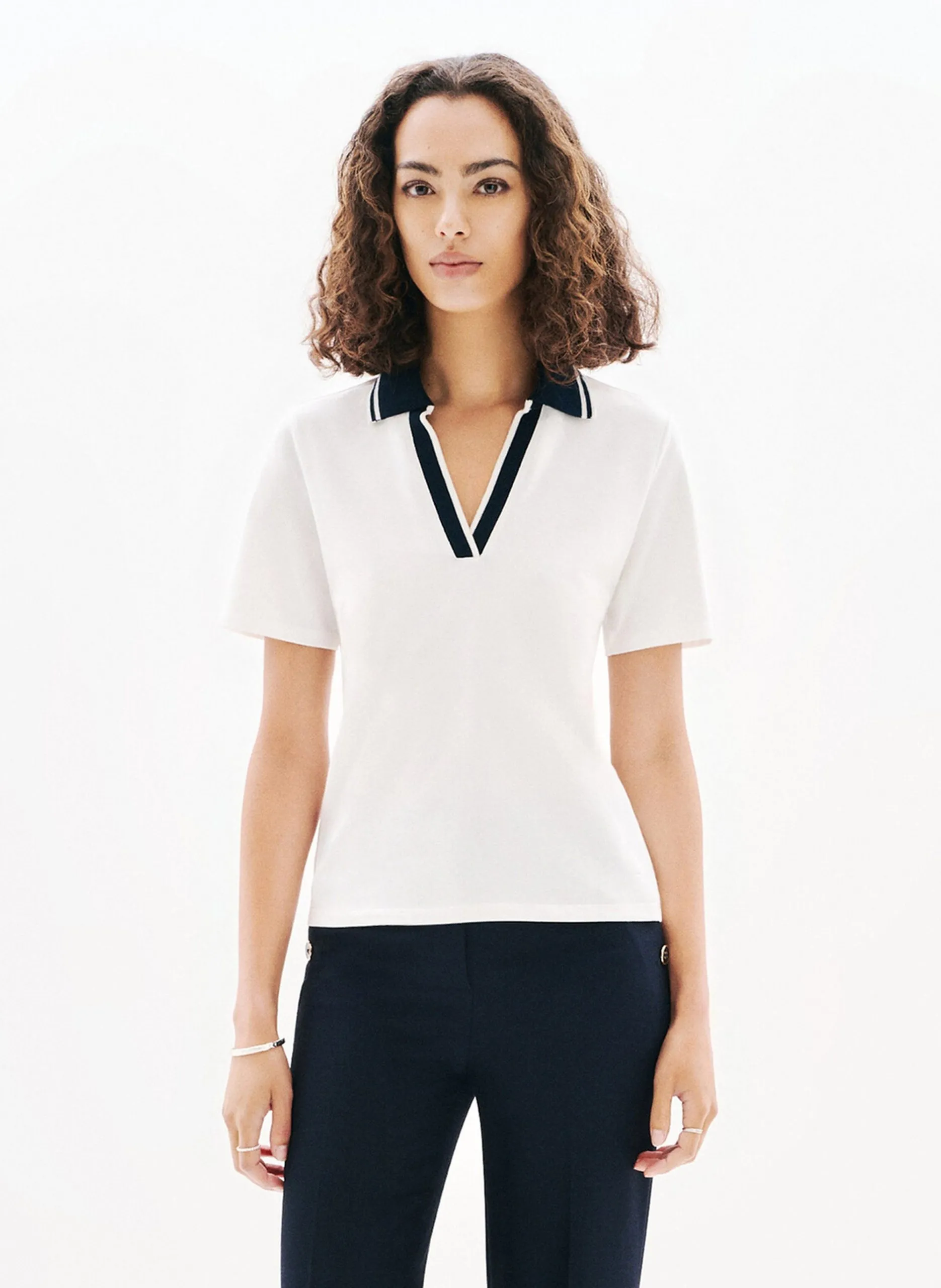 Polo col v manches courtes Beige 241T-TLOLA