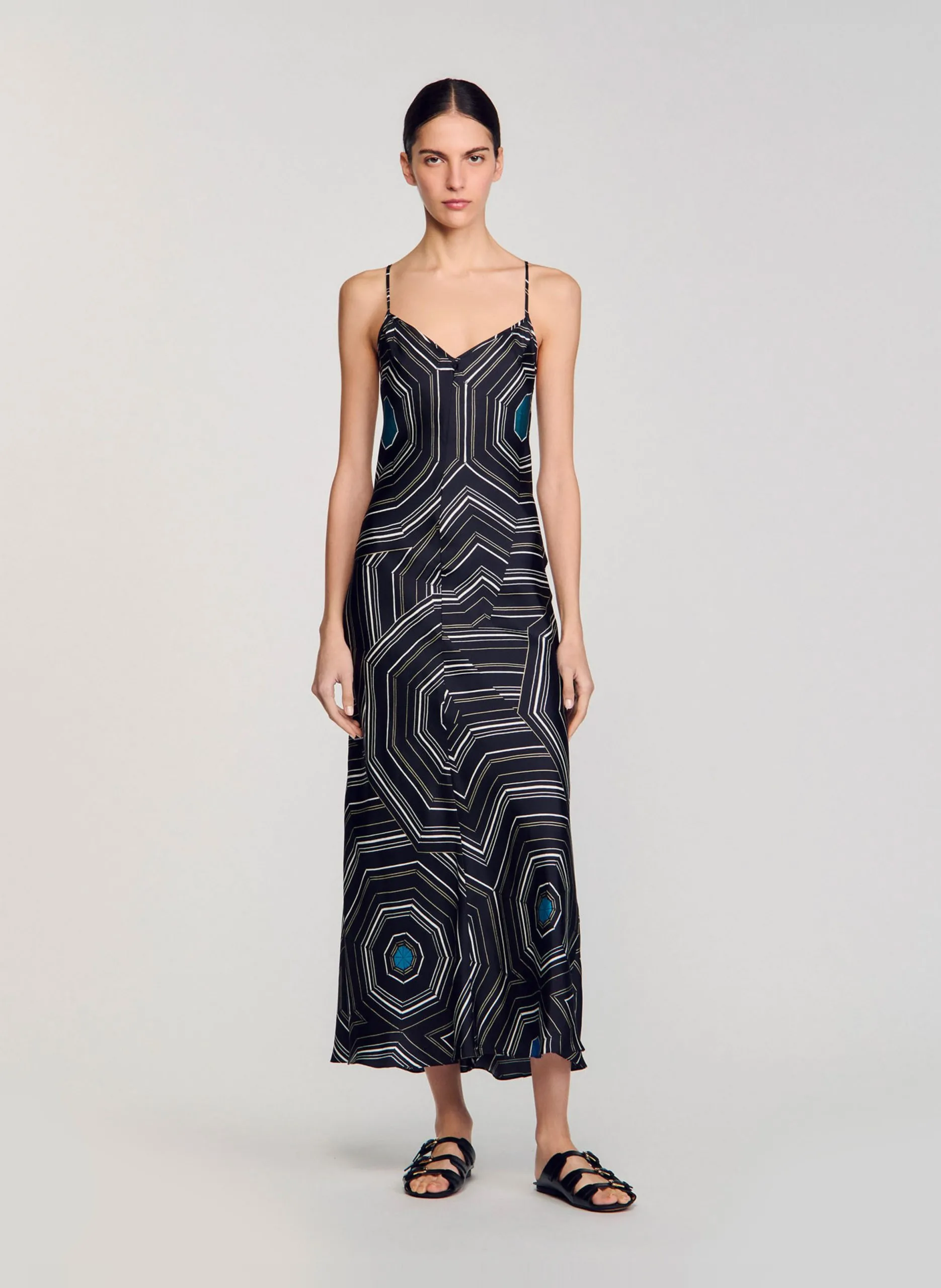Robe longue en soie imprimée Noir