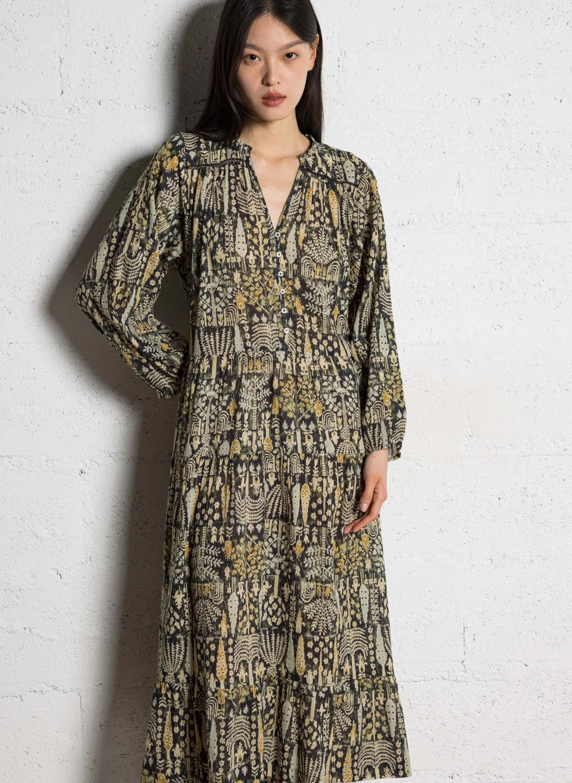 Robe midi en coton imprimé Kaki PIDOLA