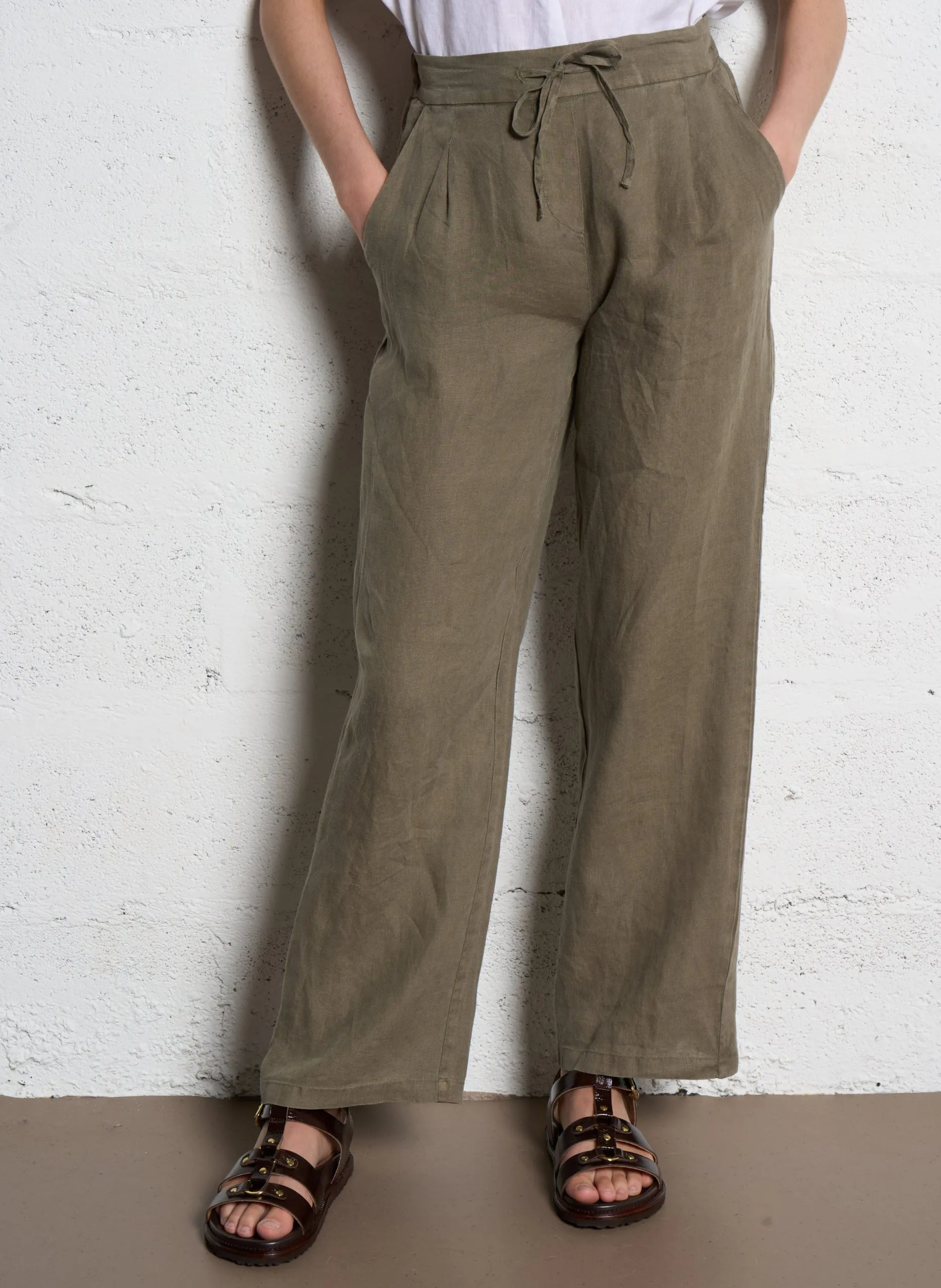 Pantalon droit taille haute en lin Vert PASKY