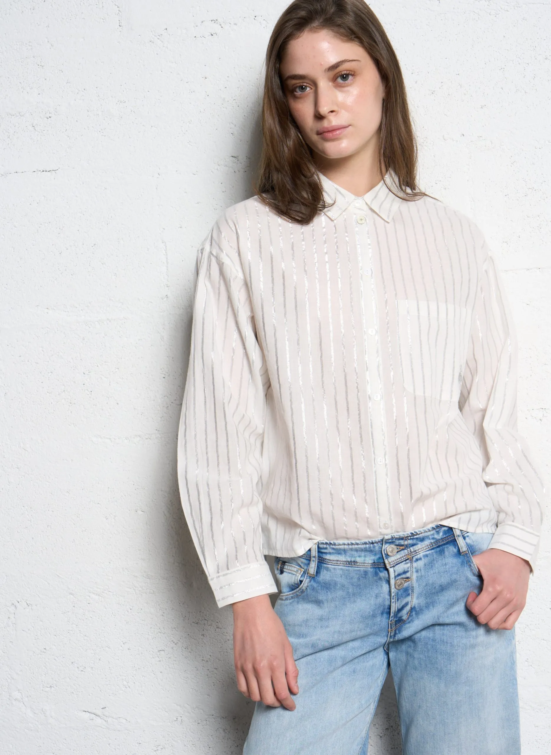 Chemise droite col classique en coton mélangé Blanc CELESTE