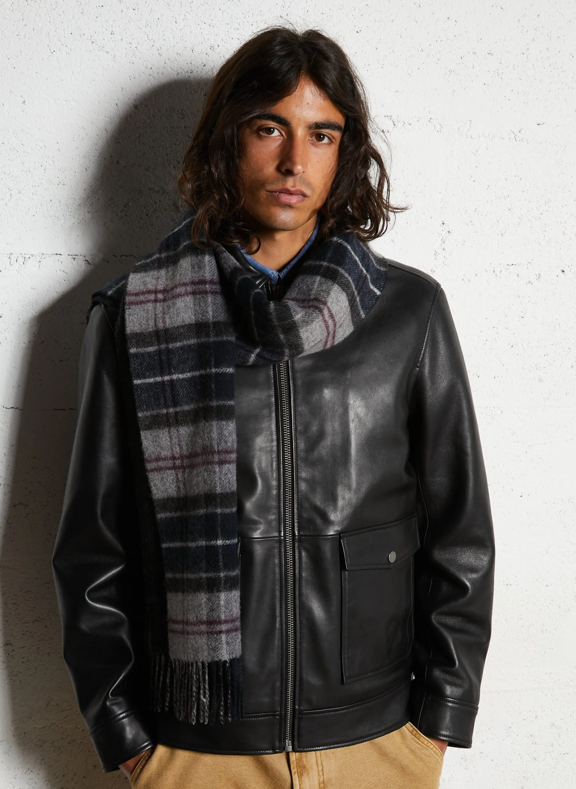 Echarpe à carreaux en laine mélangée Gris