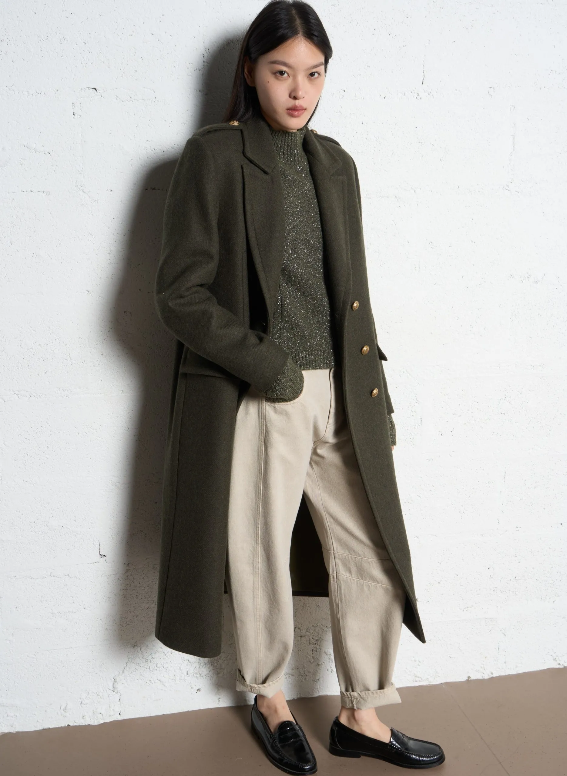 Manteau droit en laine mélangée Kaki