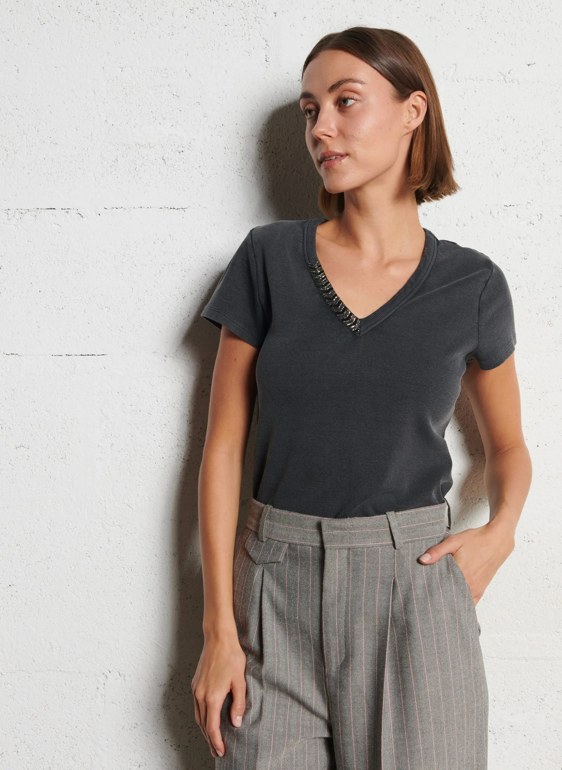 Tee-shirt col V en coton mélangé Gris