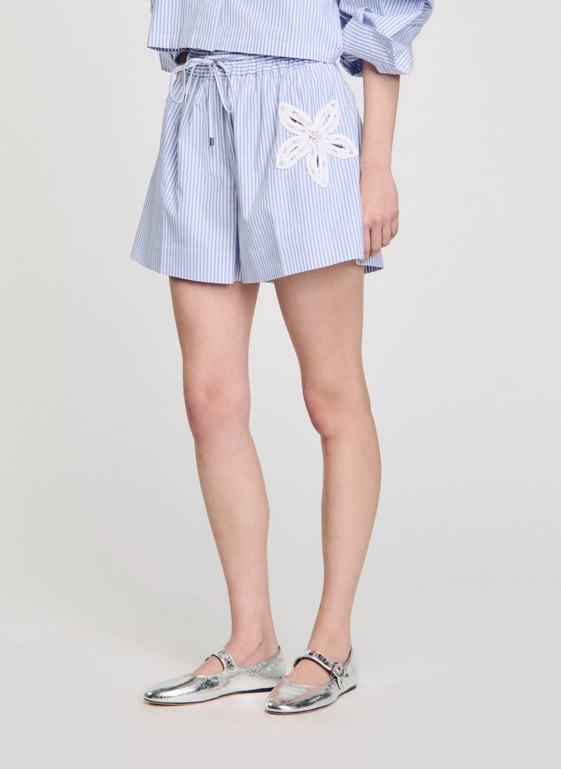 Short droit en coton mélangé rayé Bleu