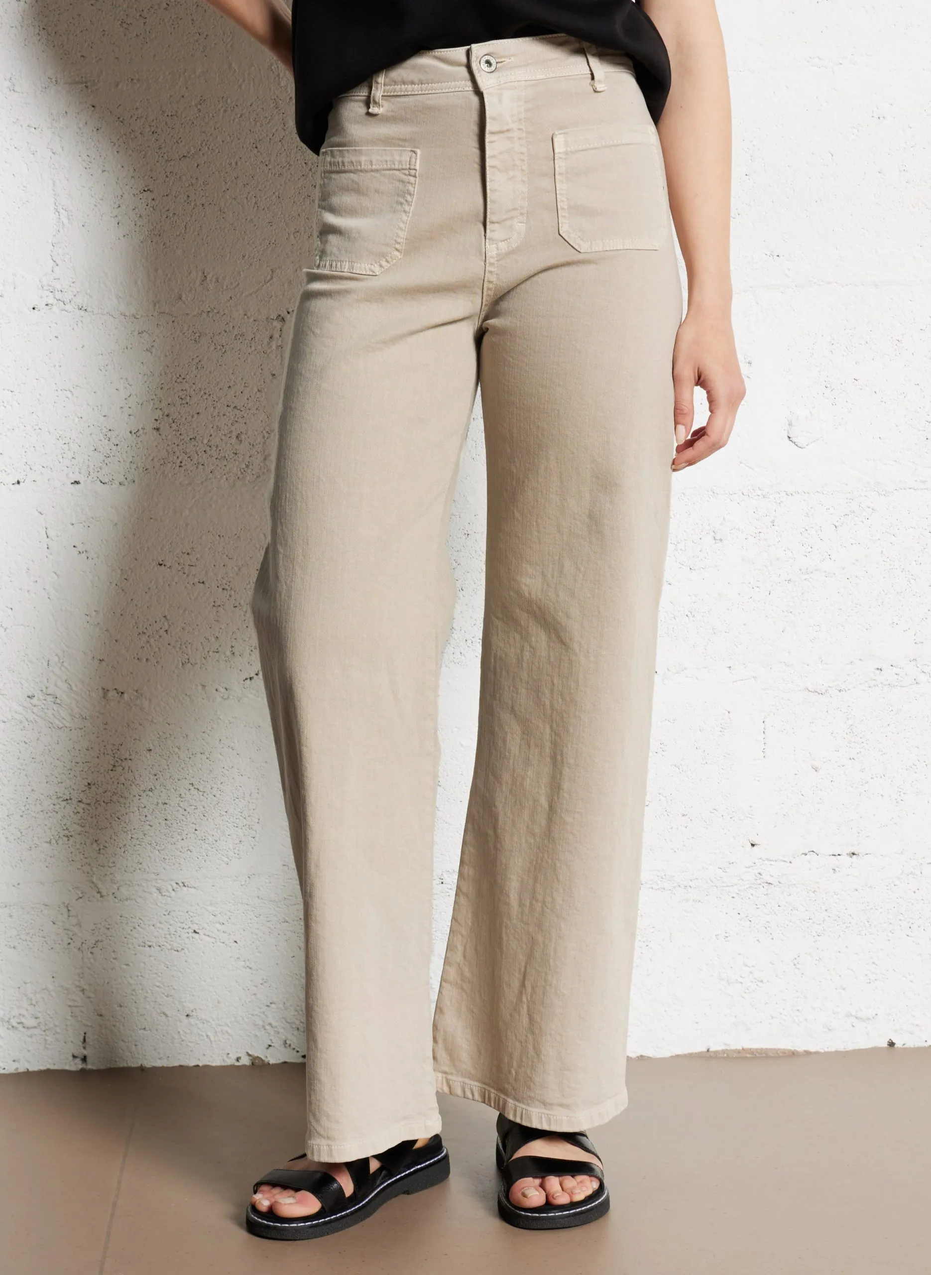 Jean large taille haute en coton Beige