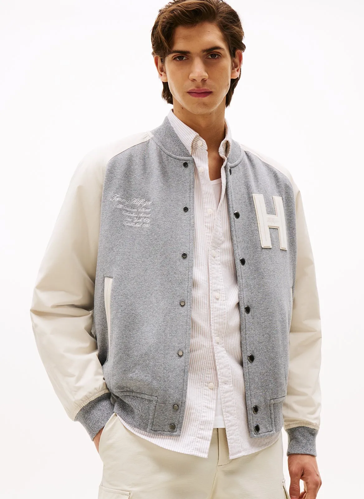 Blouson droit col teddy en coton mélangé Gris