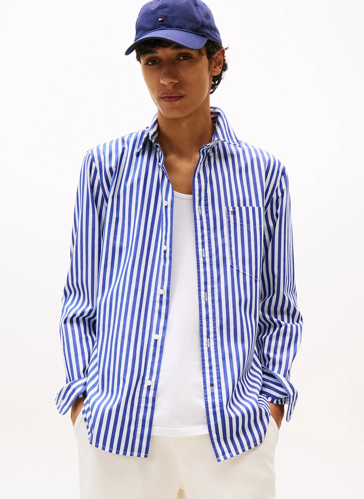 Chemise droite en coton rayé Bleu