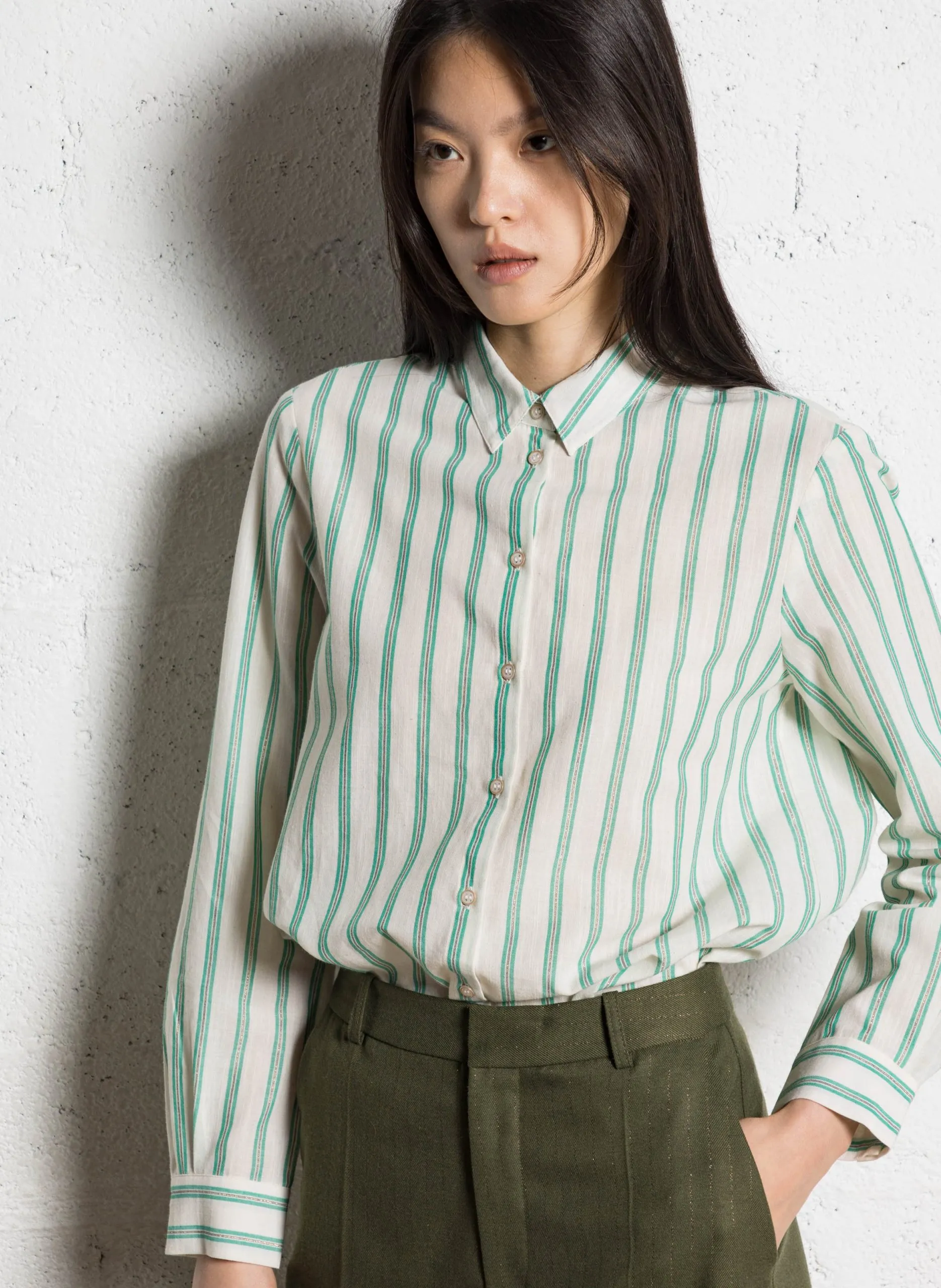 Chemise droite col classique à rayures métallisées Vert COLBY