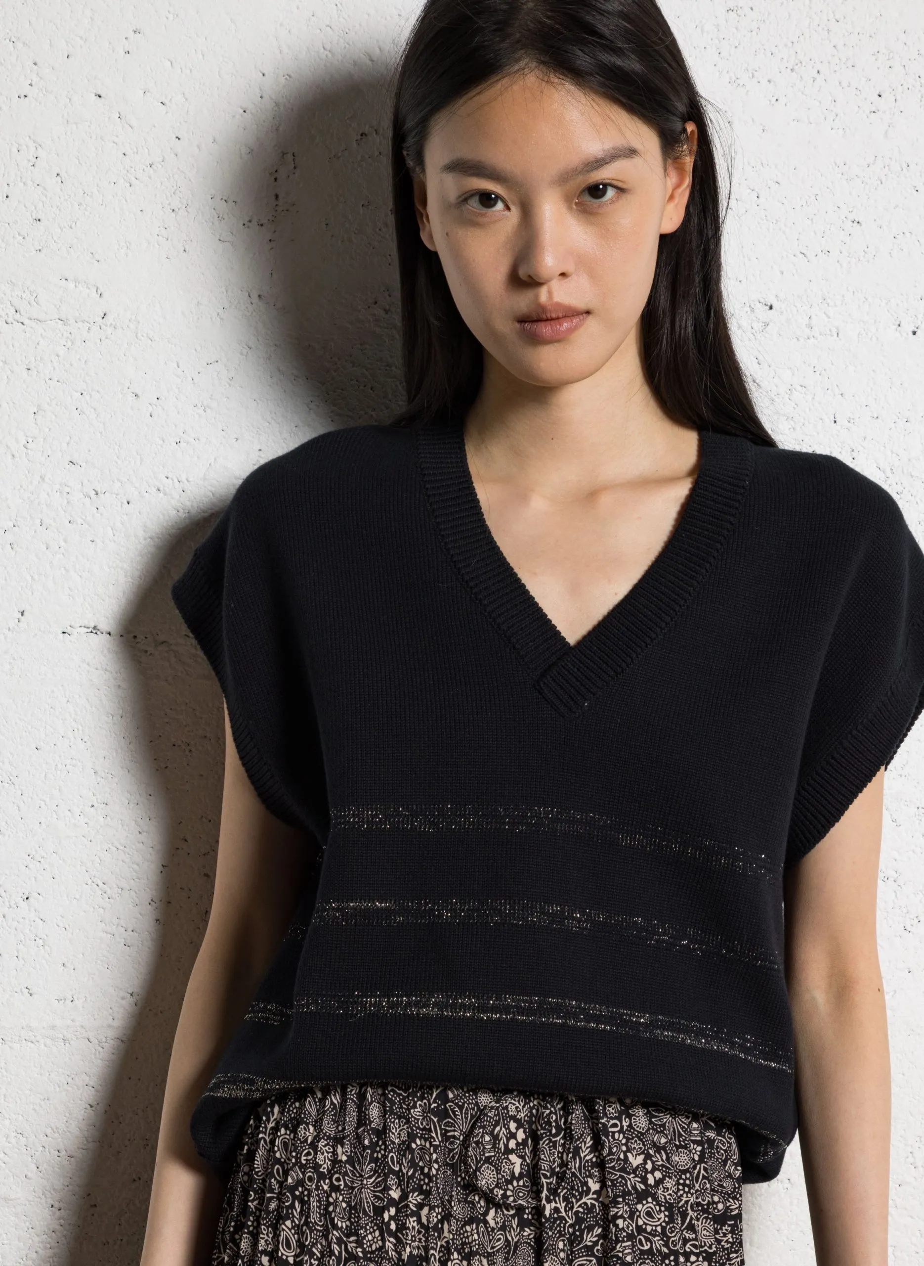 Pull sans manches rayures lurex Noir