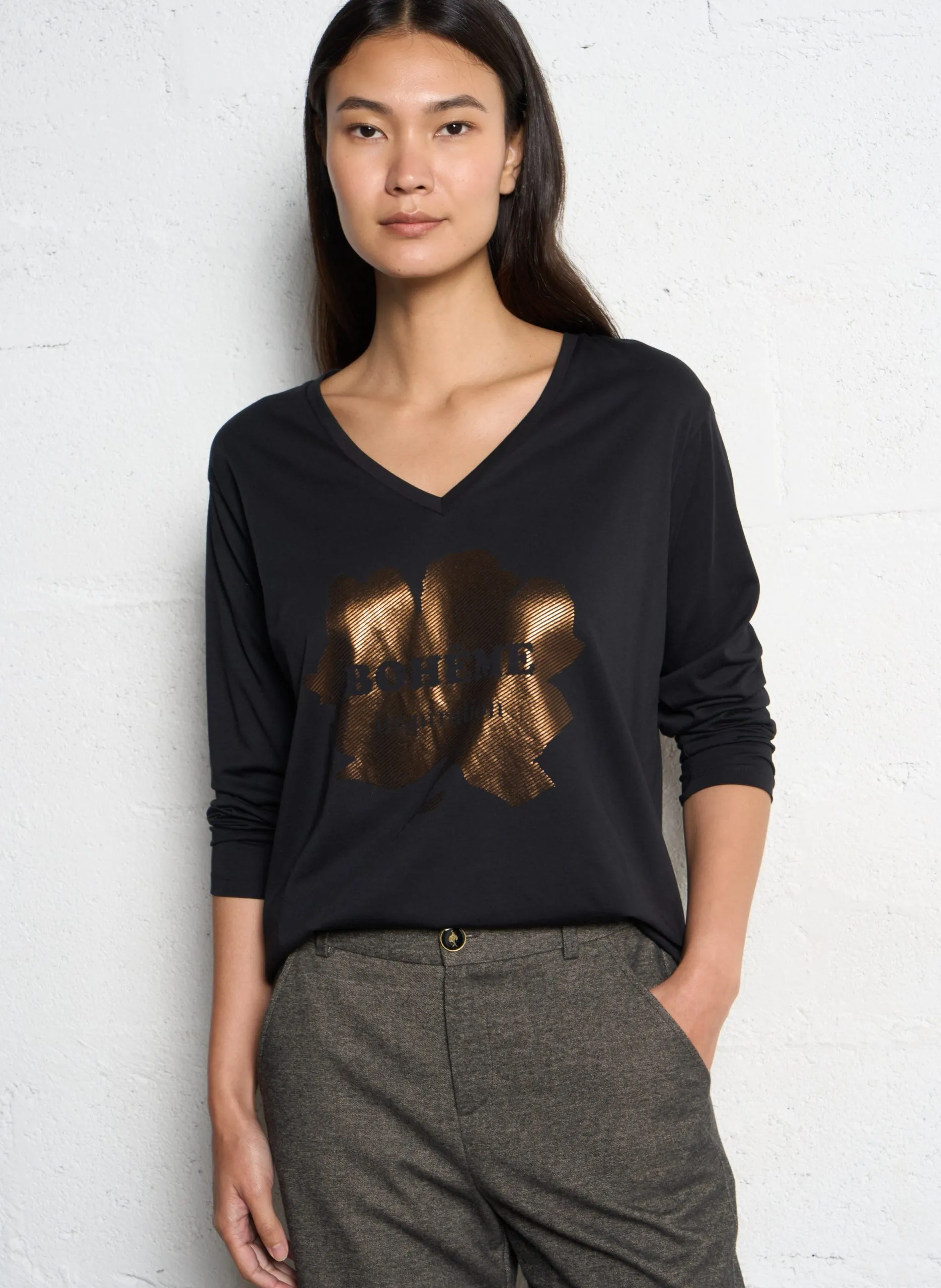 Tee-shirt droit col V Noir