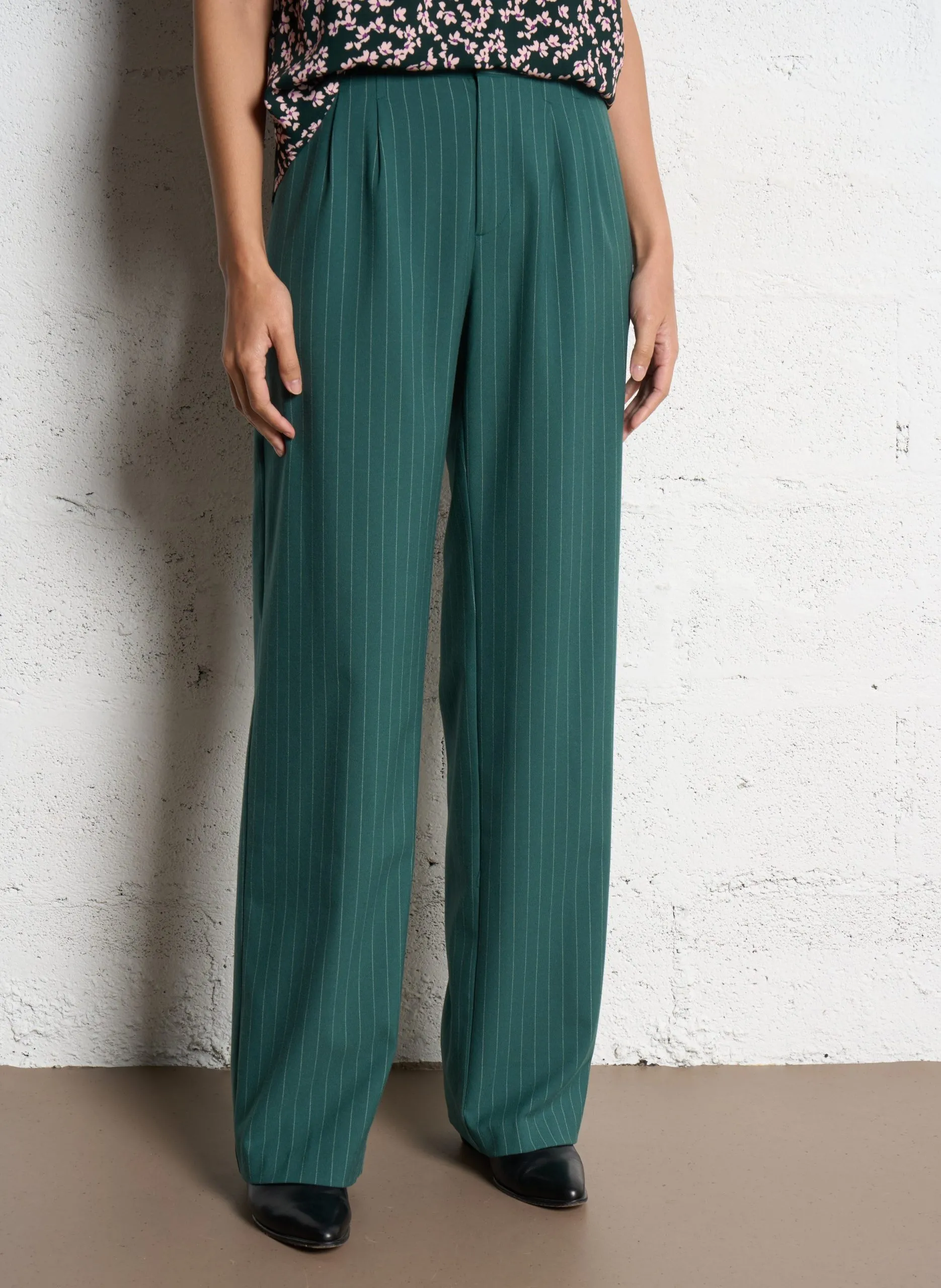 Pantalon droit taille haute rayé Vert