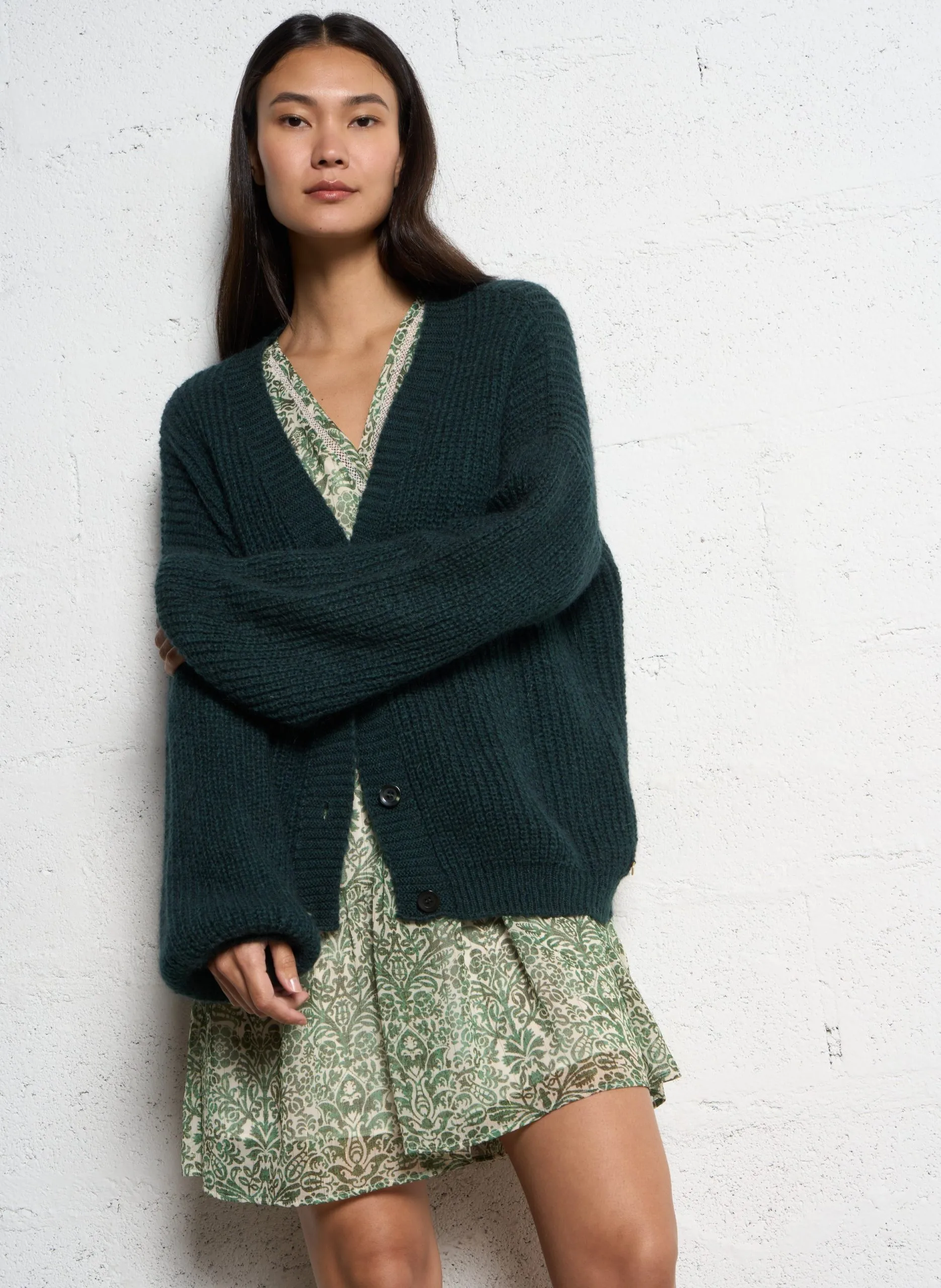 Cardigan ample boutonné col V Vert TREFLE