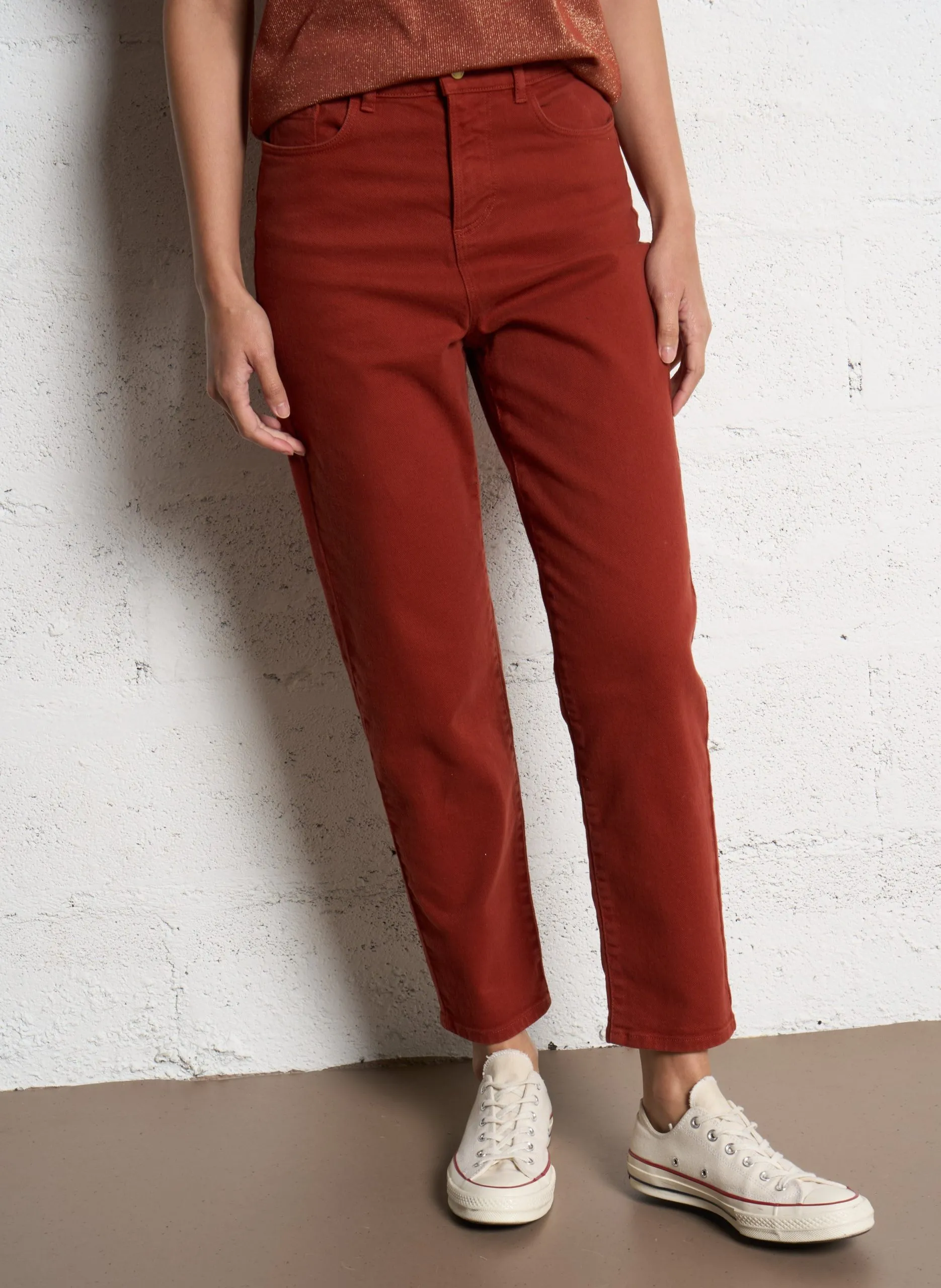 Jean slim taille haute en coton mélangé Rouge
