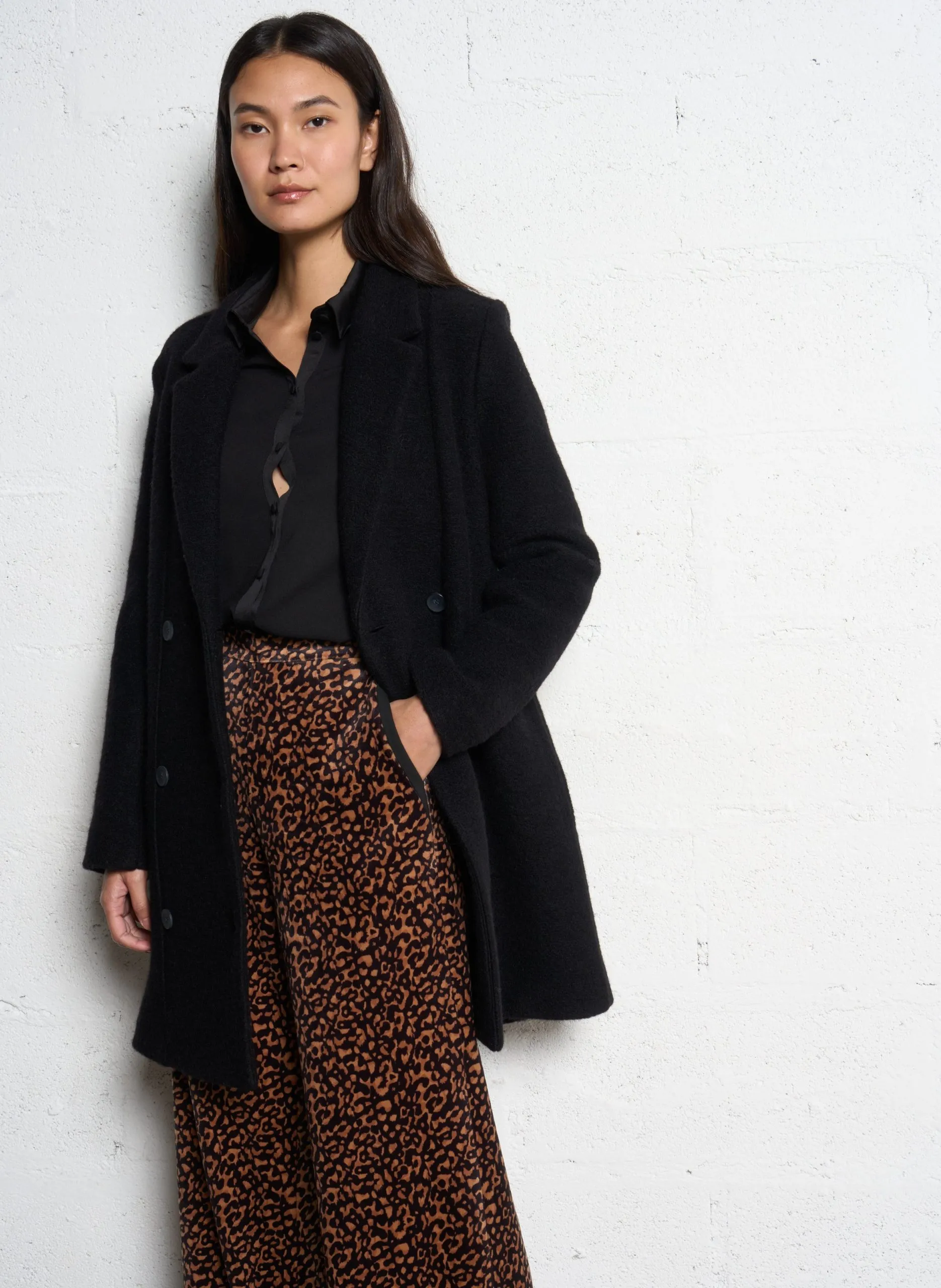 Manteau droit en laine mélangée Noir