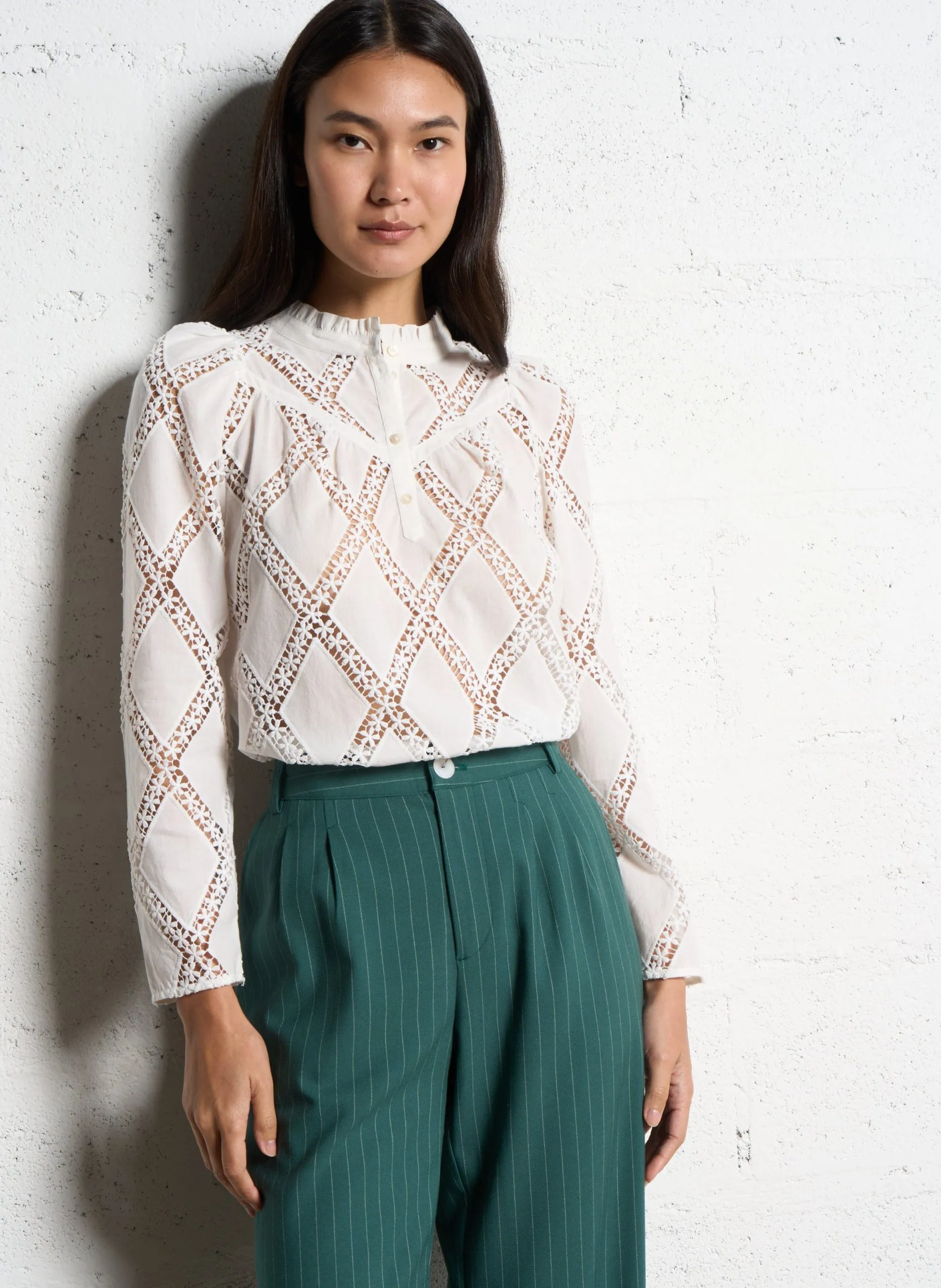 Top manches longues en dentelle Blanc CROWNY