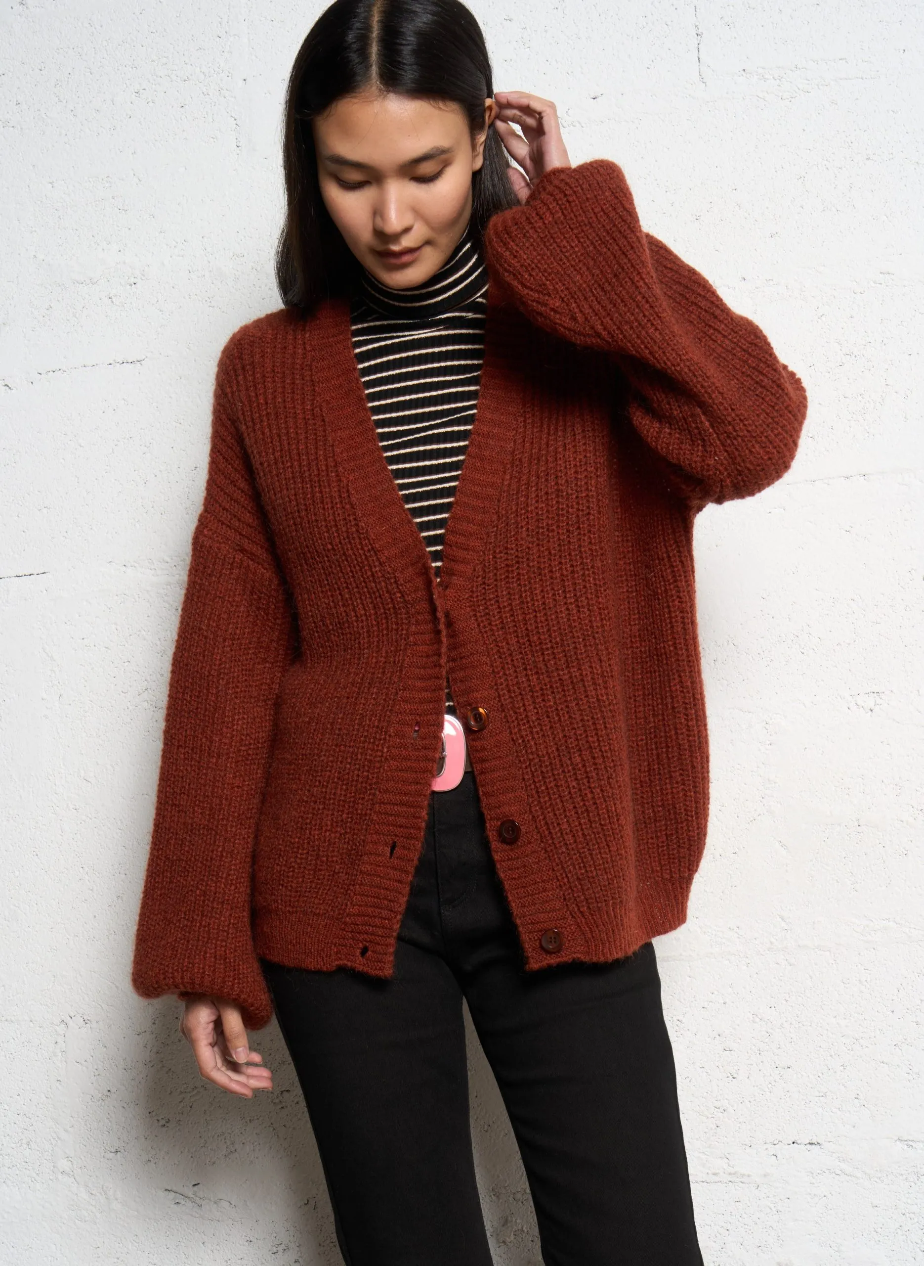 Cardigan ample boutonné col V Marron TREFLE