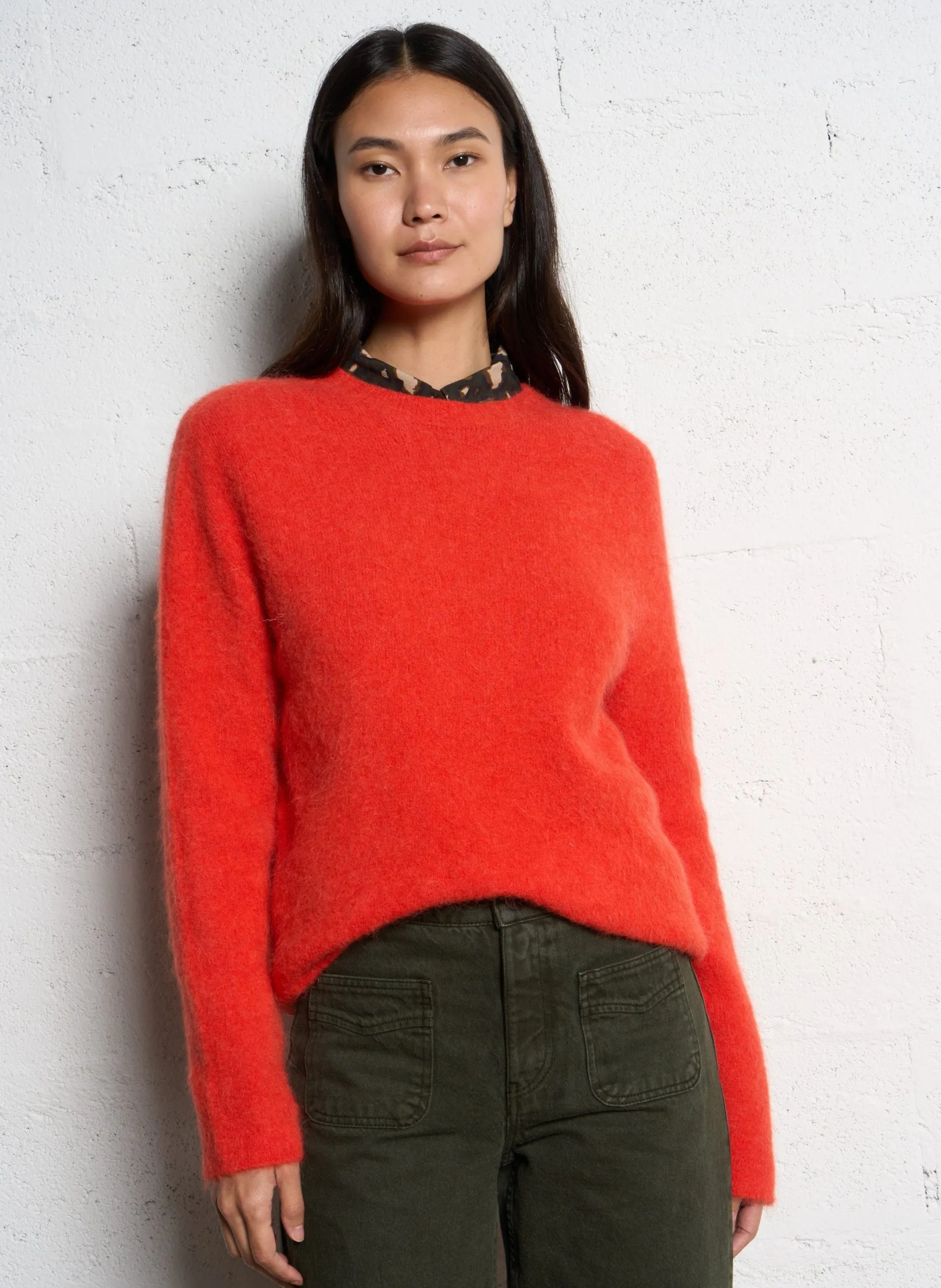 Pull ample col rond en alpaga mélangé Orange