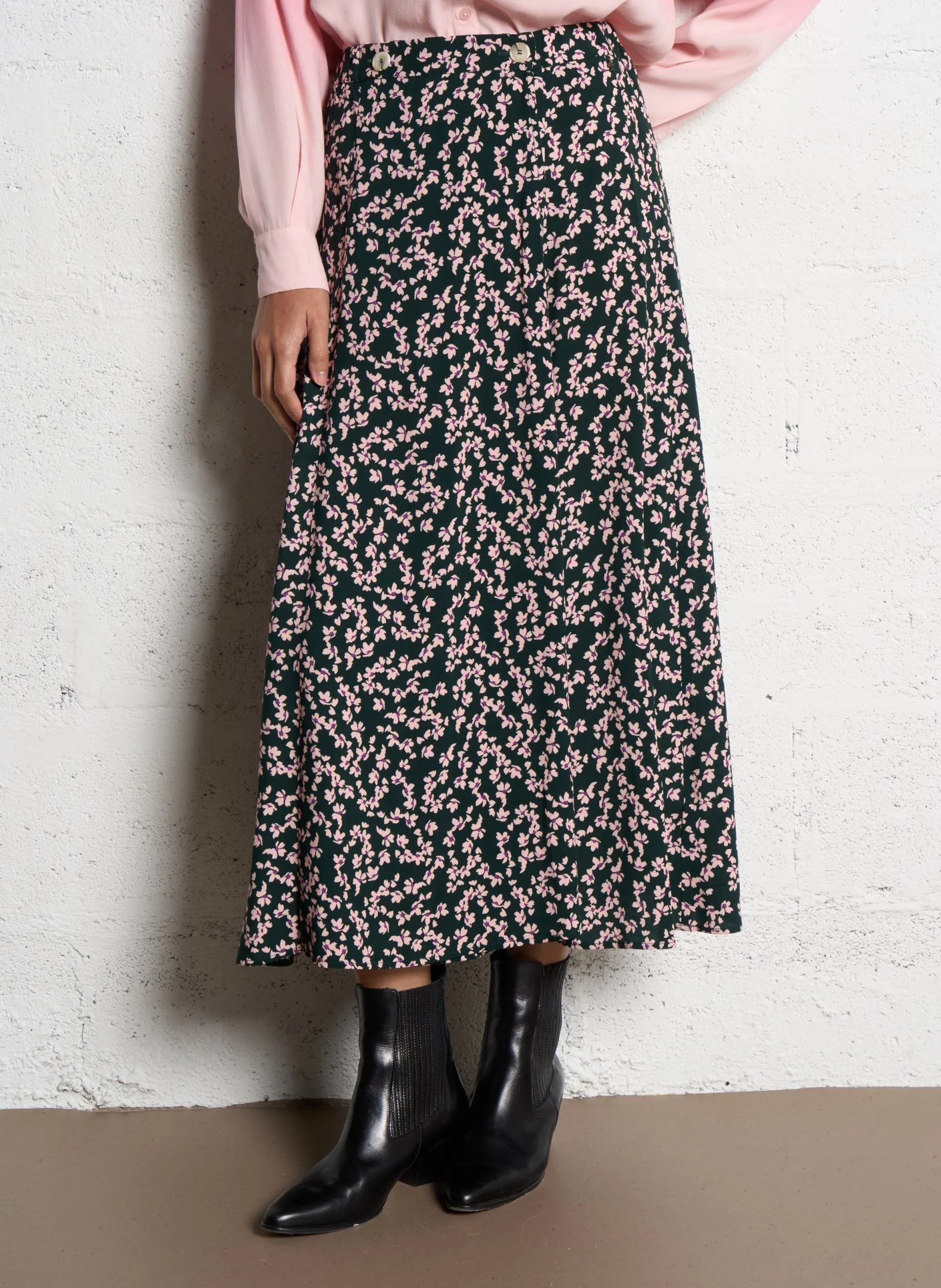 Jupe midi évasée à motifs fleuris Vert