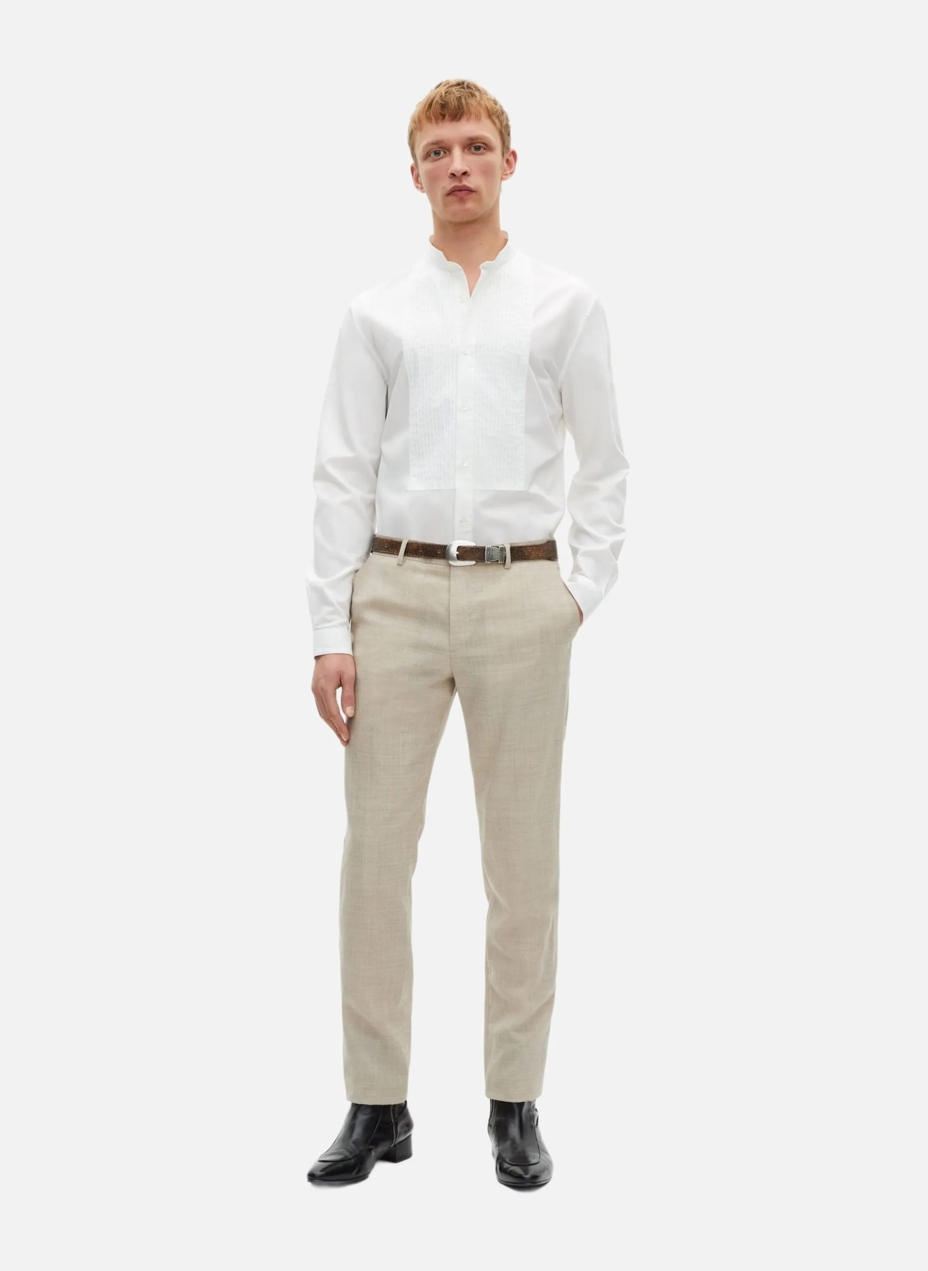 Pantalon de costume en laine coupe ajustée Beige