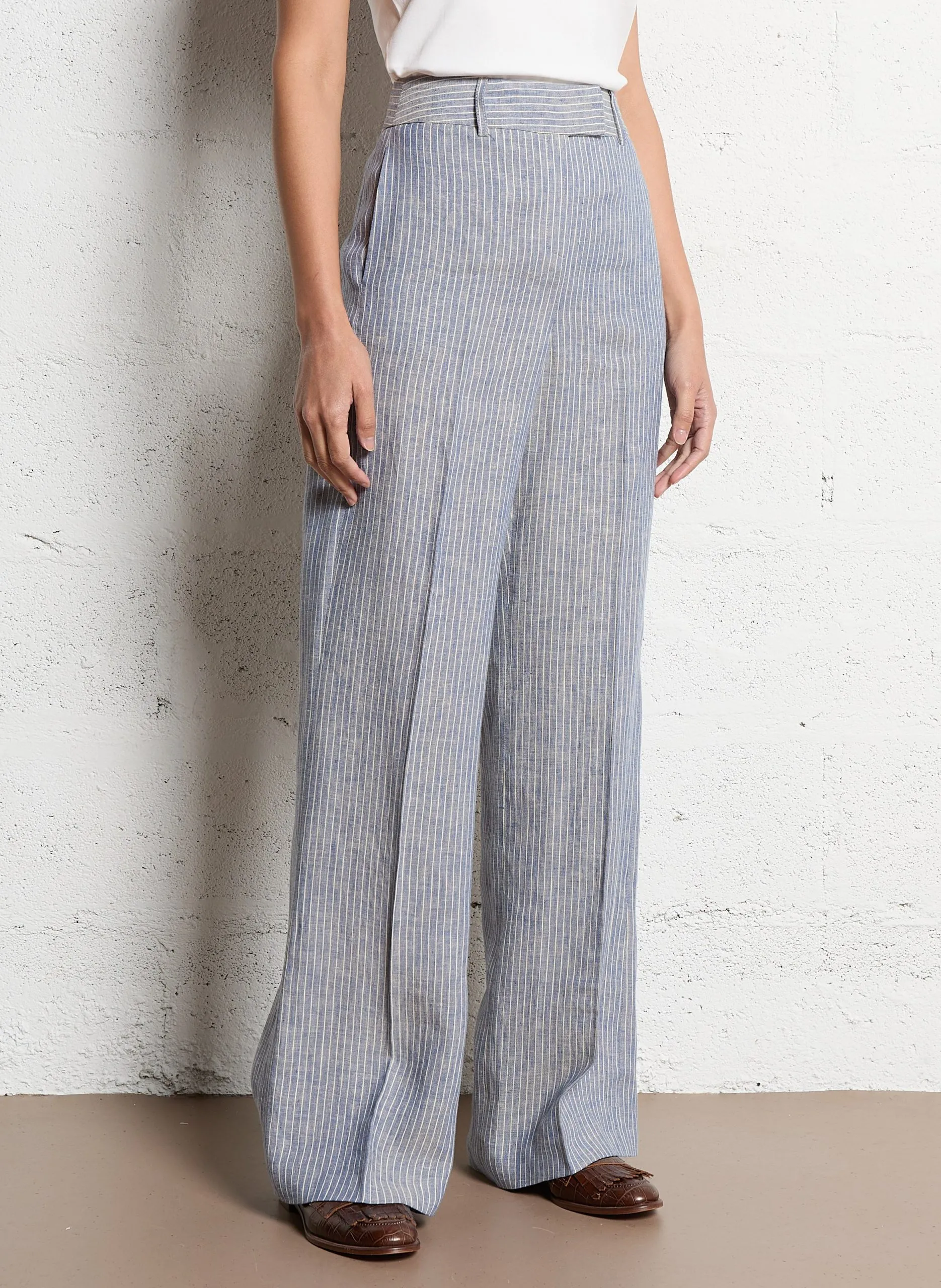 Pantalon droit taille haute à rayures Bleu LAYLA