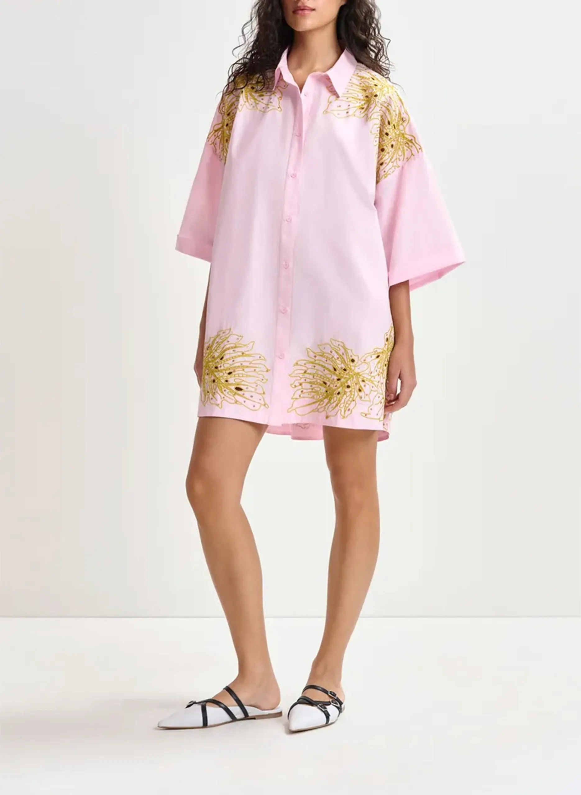 Robe courte col classique en coton Rose HONTANA