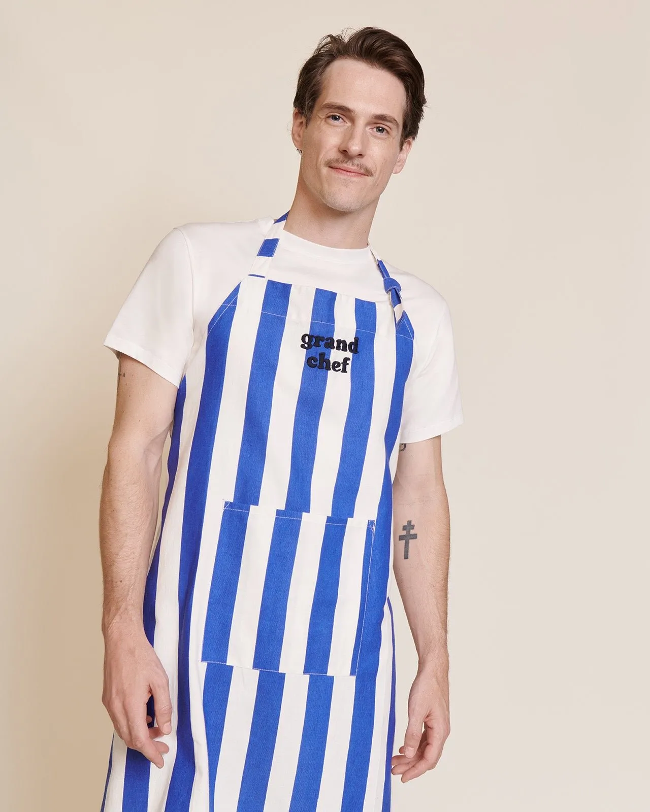 Le tablier grand chef à rayures en coton Bleu