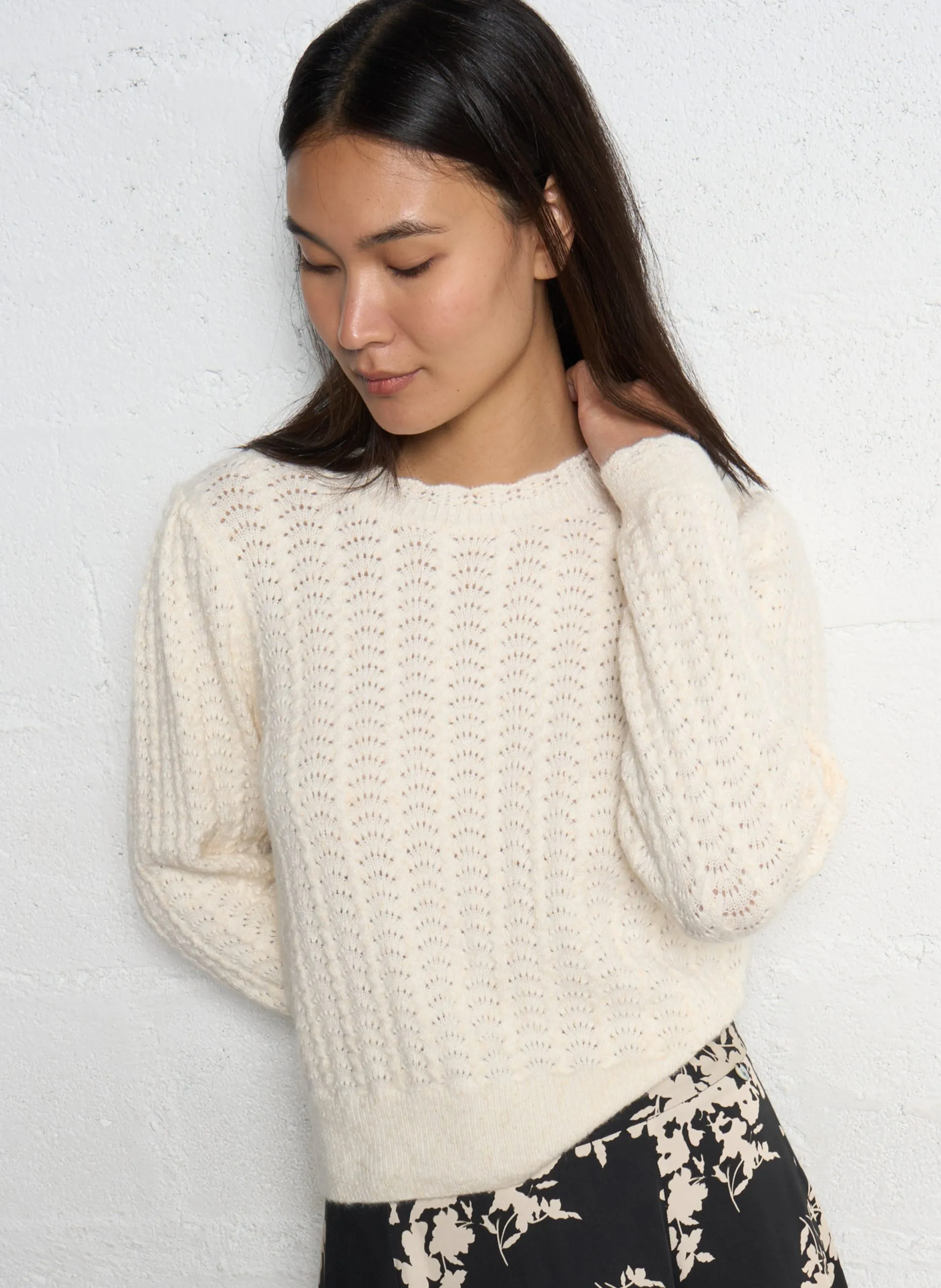 Pull droit en maille fantaisie Blanc