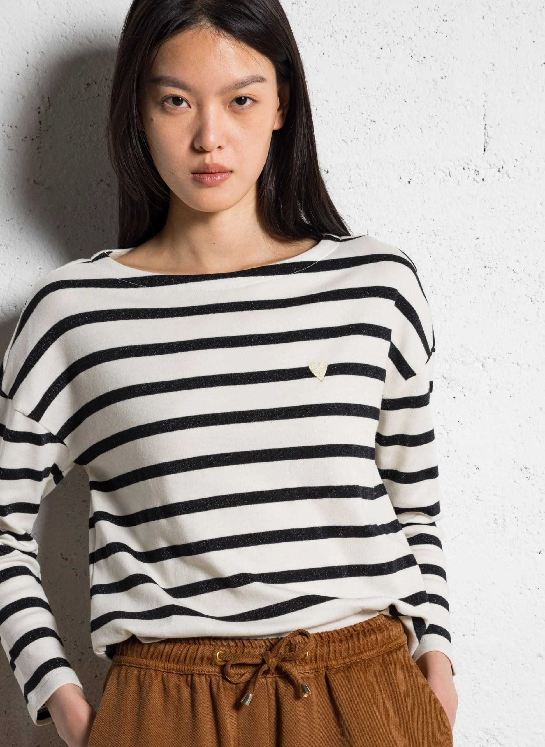 Tee-shirt marinière à broderie cœur Blanc