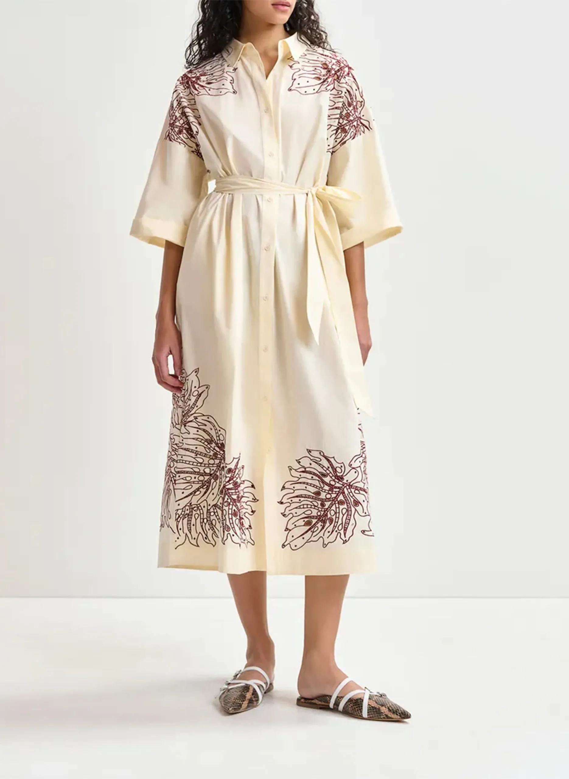 Robe chemise col classique brodée en coton Blanc HANCHOR